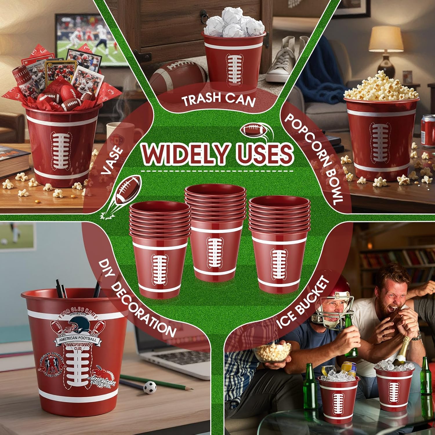 Layhit 24 Packs Football Plastic Ice Buckets for Parties 101 oz/ 3 L Wine Bucket Portable Ice Holder Disposable Wine Cooler for Football Party Beverage Beer