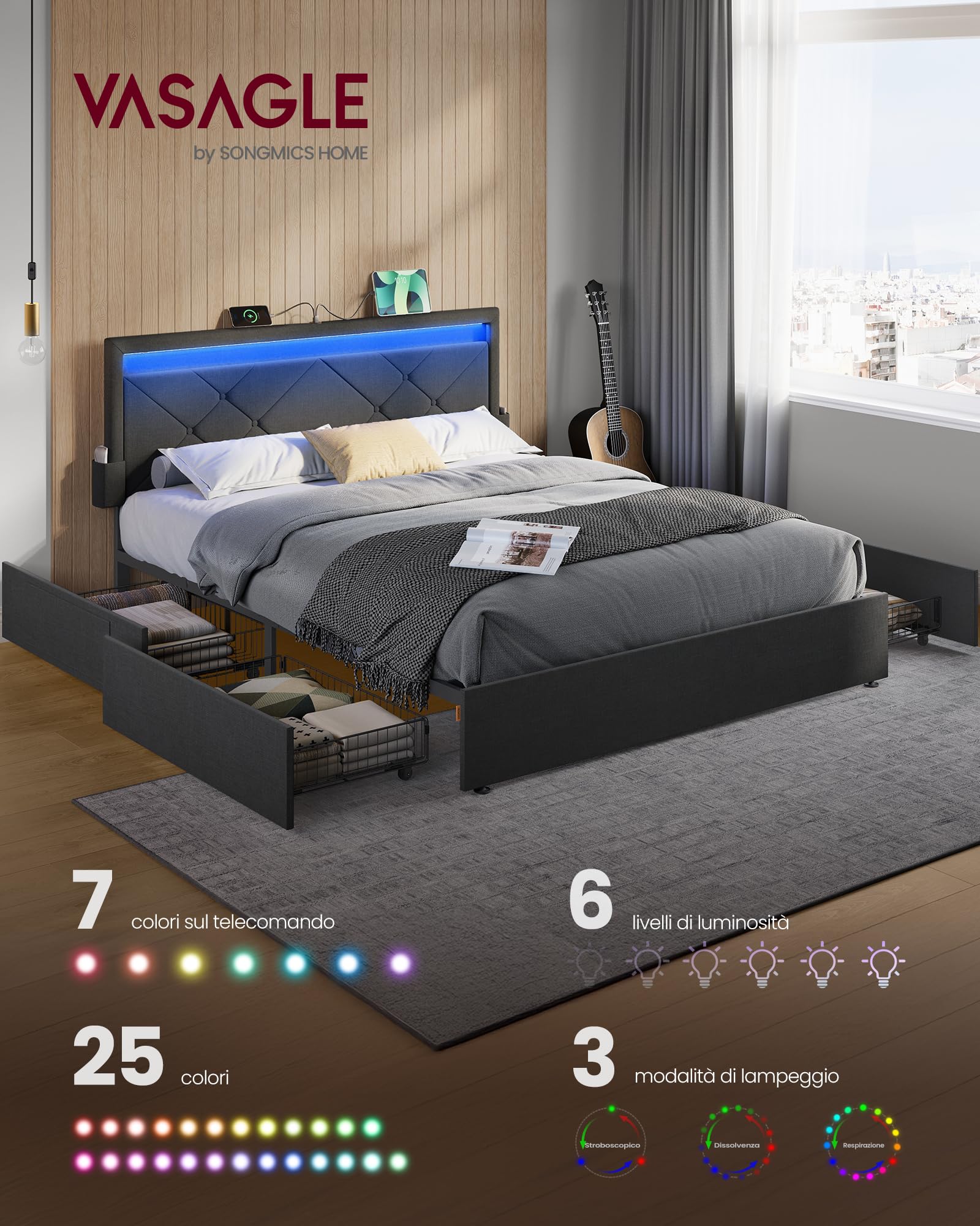 VASAGLE Struttura per letto matrimoniale, Struttura per letto, 160 x 200 cm, LED, Letto in metallo, 4 cassetti, Stazione di ricarica, Testiera imbottita regolabile, Grigio ardesia-Nero opaco RMB828G02