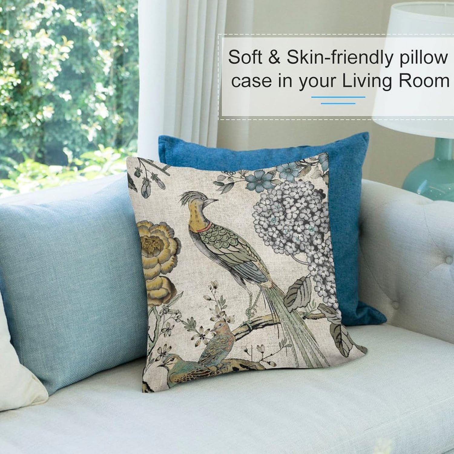 ArogGeld Hydrangea Camellia and Peacock Throw Pillows 26"x26" Set of 2 Yellow Grey Chinoiserie Bird Cushion Cover Short Plush Chinoiserie Asian Pillow Cases with Zipper for Office Car Chair Sofa