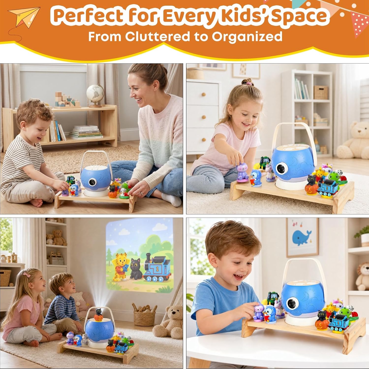 14"Desktop Luna Storytime Projector & Characters Display Storage Shelf | Pine Wood,12 Figure,Size:14.7*8*2.4in，Storage Rack For Kids Room Playroom，Holds Projector, Story Characters, Sturdy, Safe