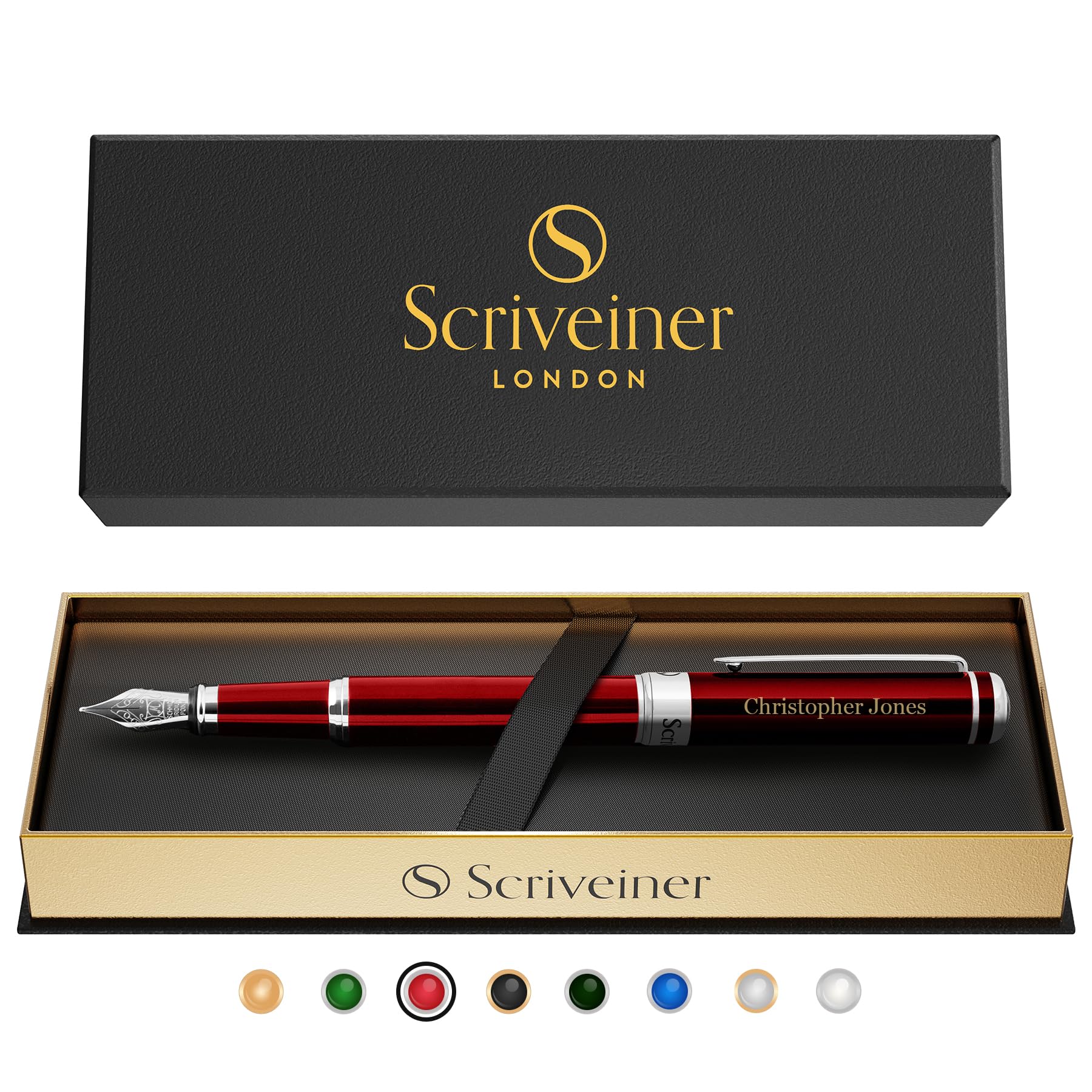 Scriveiner Personalised Deep Crimson Red Pen - Stunning Red Lacquer Luxury Pen with Chrome FinishGerman Schmidt Nib (Medium), Best Engraved Fountain Pen Gift Set for Men & Women, Name Engraving