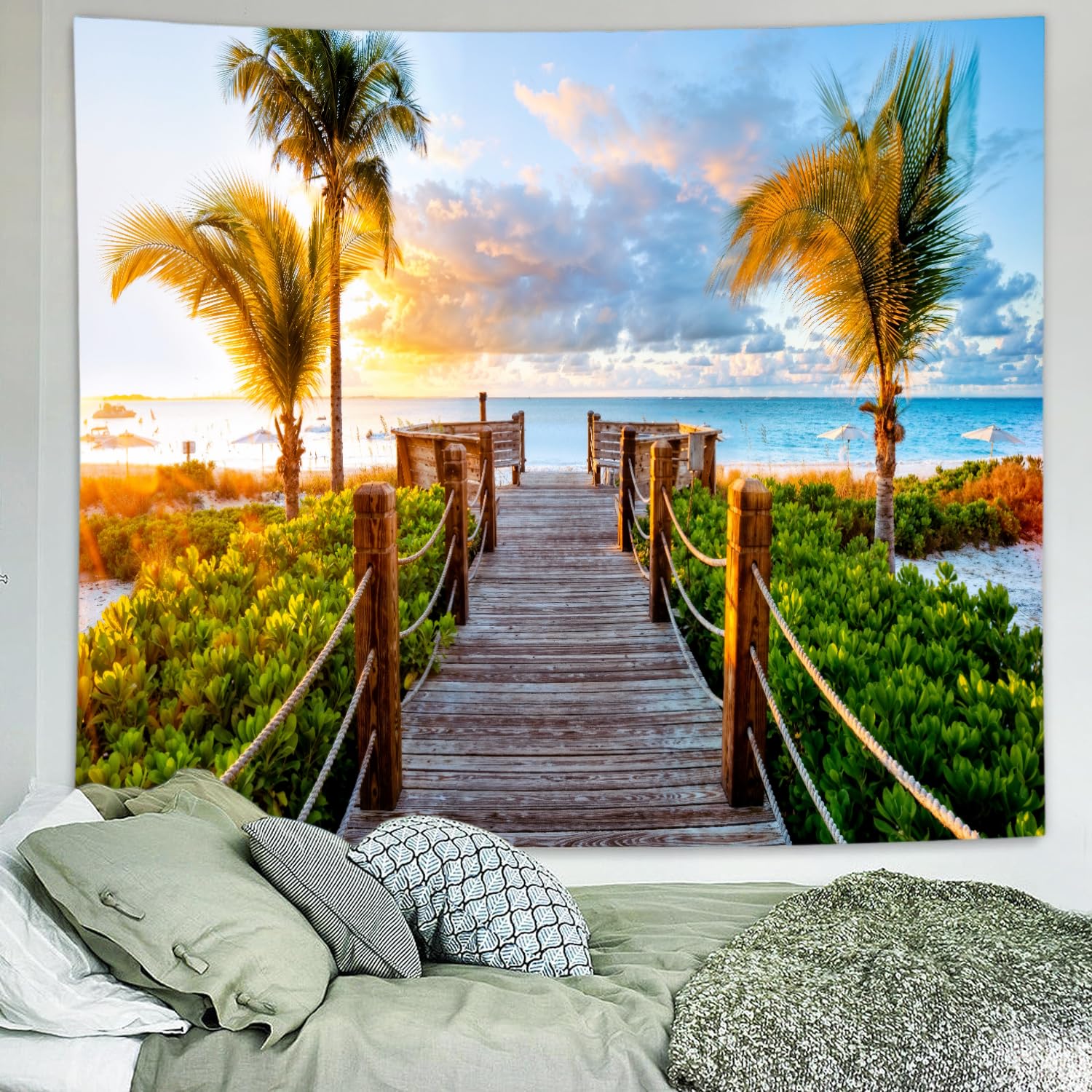 Delur Beach Sunset Tapestry Tropical Seaside Palm Tree Coastal Tapestry Wall Hanging Sunrise Nature Landscape Scenic Psychedelic Headboard for Bedroom Living Room Home Decor (51.2