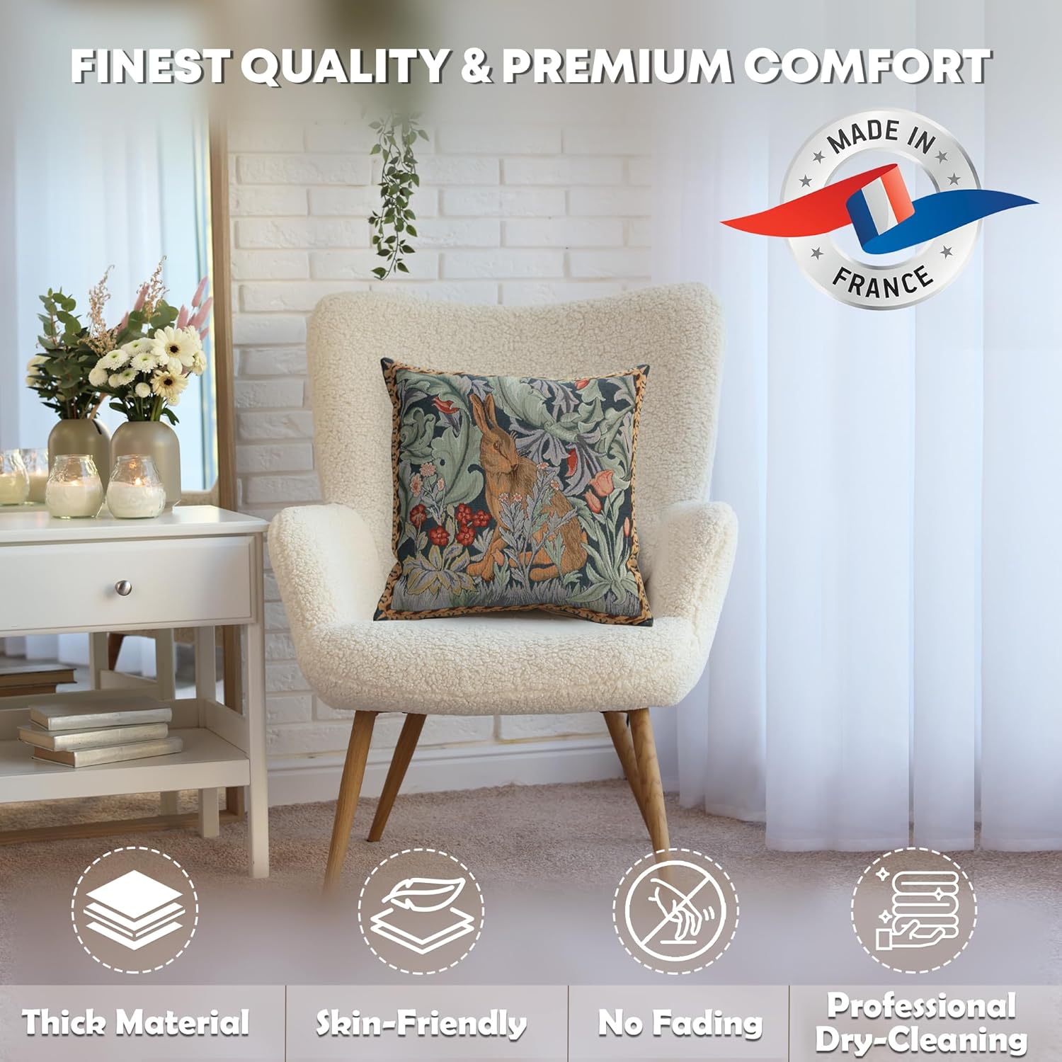 Charlotte Home Furnishings Inc Medieval Tapestry Spring Throw Pillow Covers 19X19 in, Rabbit Facing Left Decorative Pillow Cover, Square Cushion Cases Cozy Decor, Soft European Cotton Jacquard Woven