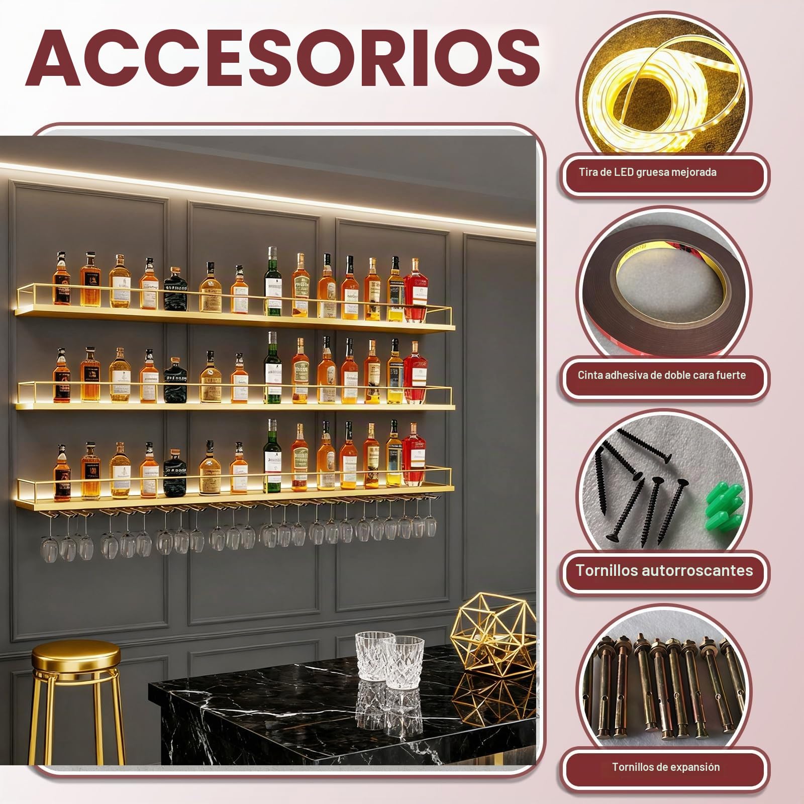 160CM Botellero de Pared Industrial Luz LED, 3 Niveles Moderno Botellero de Metal con portavasos de, Multifuncional Estante para Vino Apto para Cocina, Bar, Cafetería y decoración (Negro)