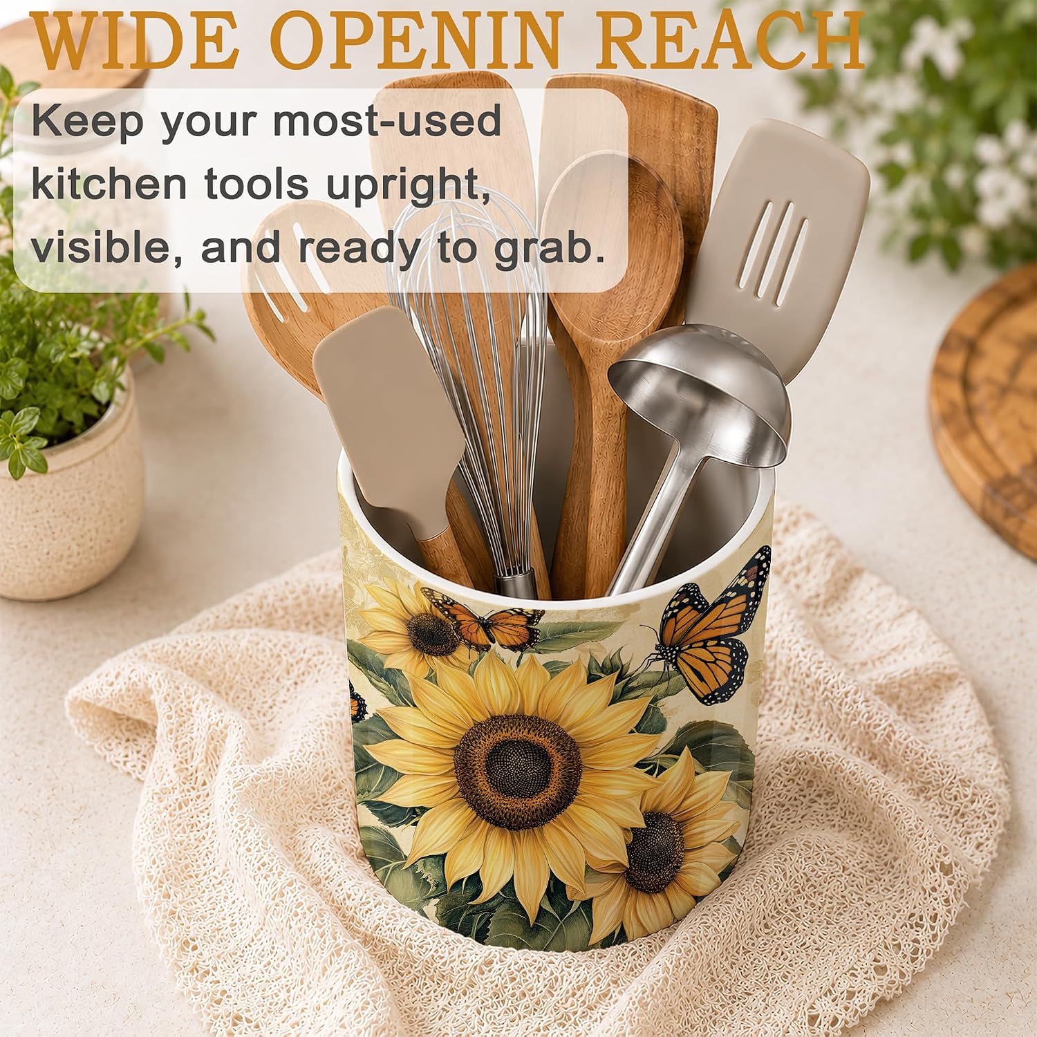 Vintage Sunflower Kitchen Utensil Holder,Butterfly Large Ceramic Utensil Crock for Countertop,Cooking Utensil Organizer for Spatulas,Spoons