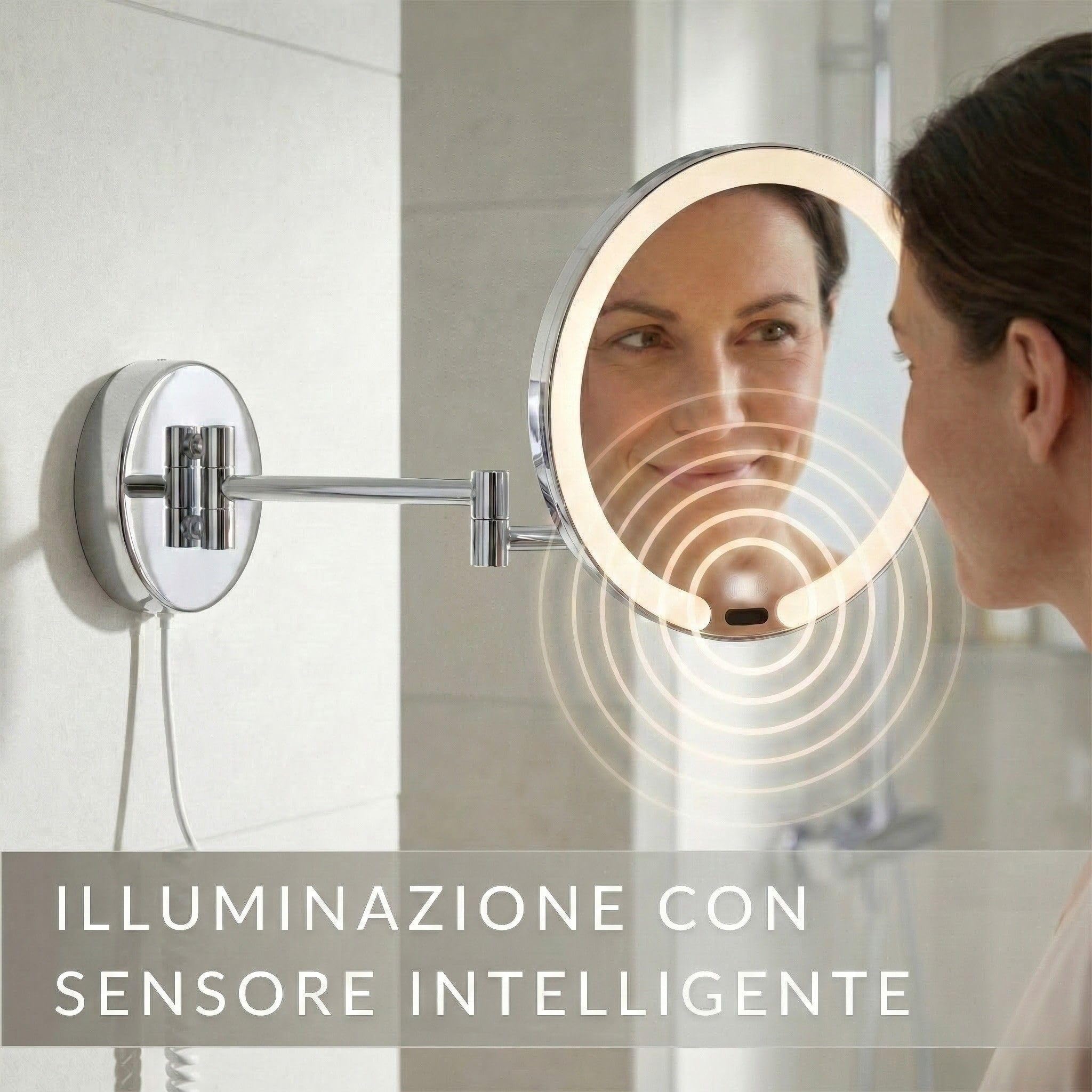Vittoria Specchio Ingranditore da Parete a LED – Specchio Trucco Rotondo 7x con Sensore e Dimmer – Braccio Estensibile in Metallo Cromato, Cavo Bianco