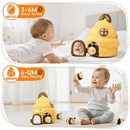 Miniatura 5 de Juguetes para bebés de 6 a 12 meses Juguete infantil de colmena con 5 abejas sensoriales de peluche, arrugado, sonajero, espejo y música, juguetes