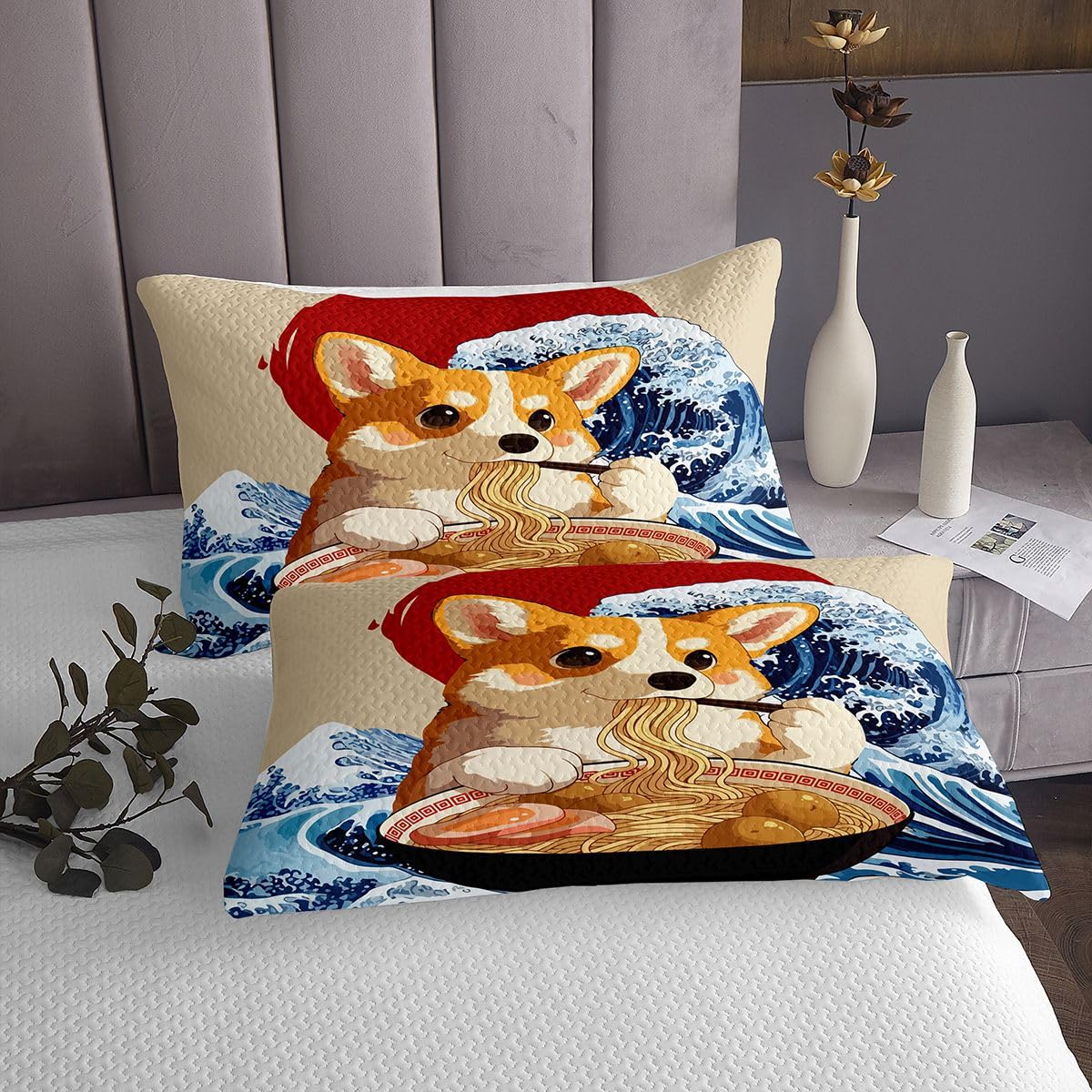 Manfei Japanischer Corgi Hund Bettdecke M Größe,Lustiger Hund Essen Nudeln Bettwäsche Sets für Kinder Frauen Männer Zimmer Dekor,Japan Anime Sonnenuntergang Welle Deckbett mit 2 Kissenbezug