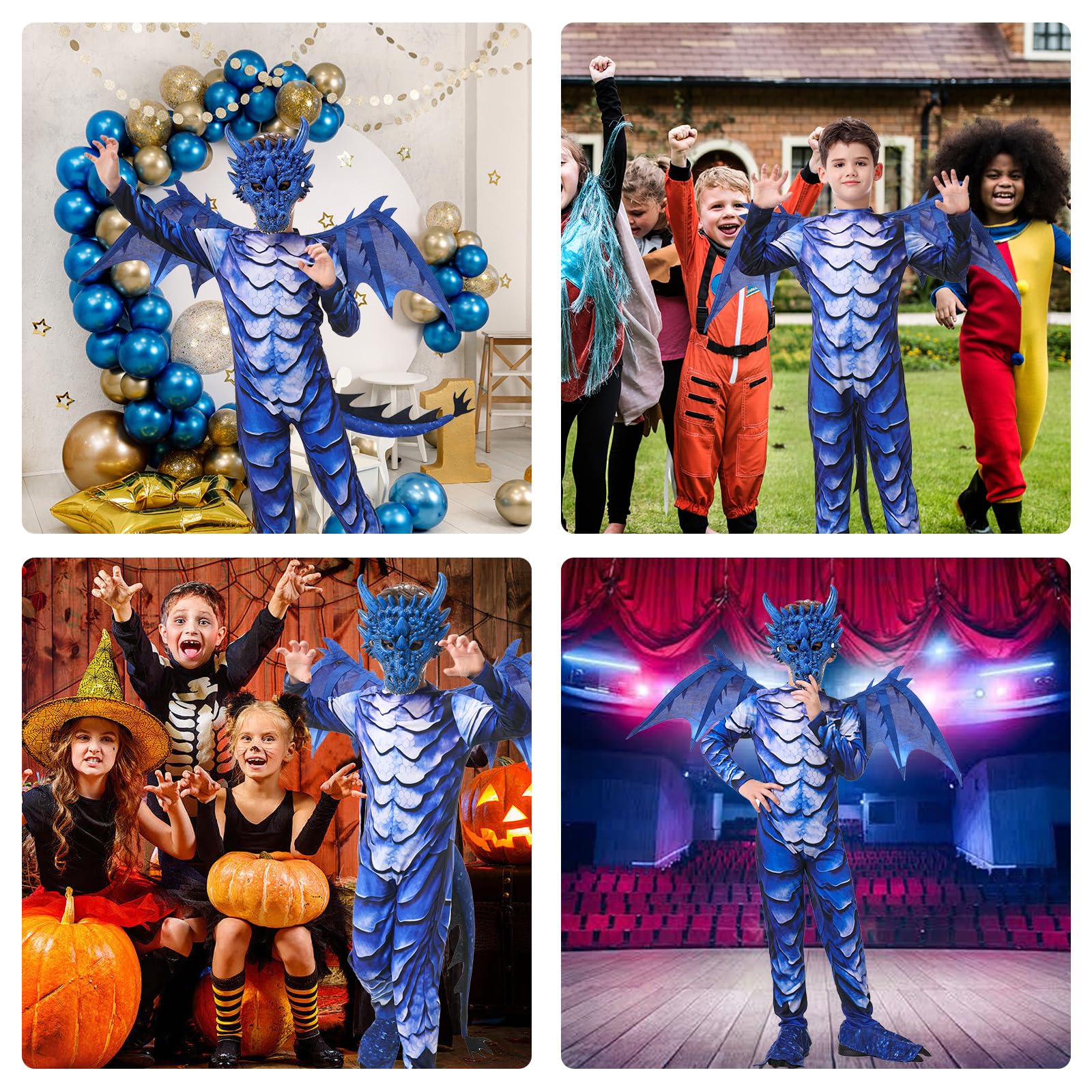 Disfraz de dragón para niños, disfraz de dragón con cola de alas y máscara para niños y niñas, Halloween, carnaval, dragón azul, para niños 4, 5, 6, 7, 8, 9, 10, 11, 12 años