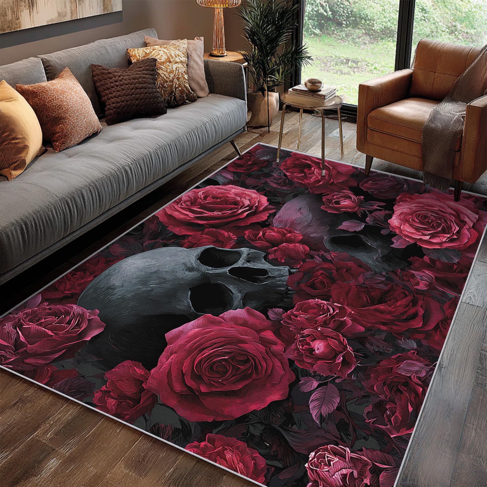 Skull Rug for Living Room 120 x 170 cm, Goth Rose Romantic Floral 3D Vintage Rugs Non Slip Low Pile Washable for Bedroom Kitchen, Skull Decor Carpet Home Accessories