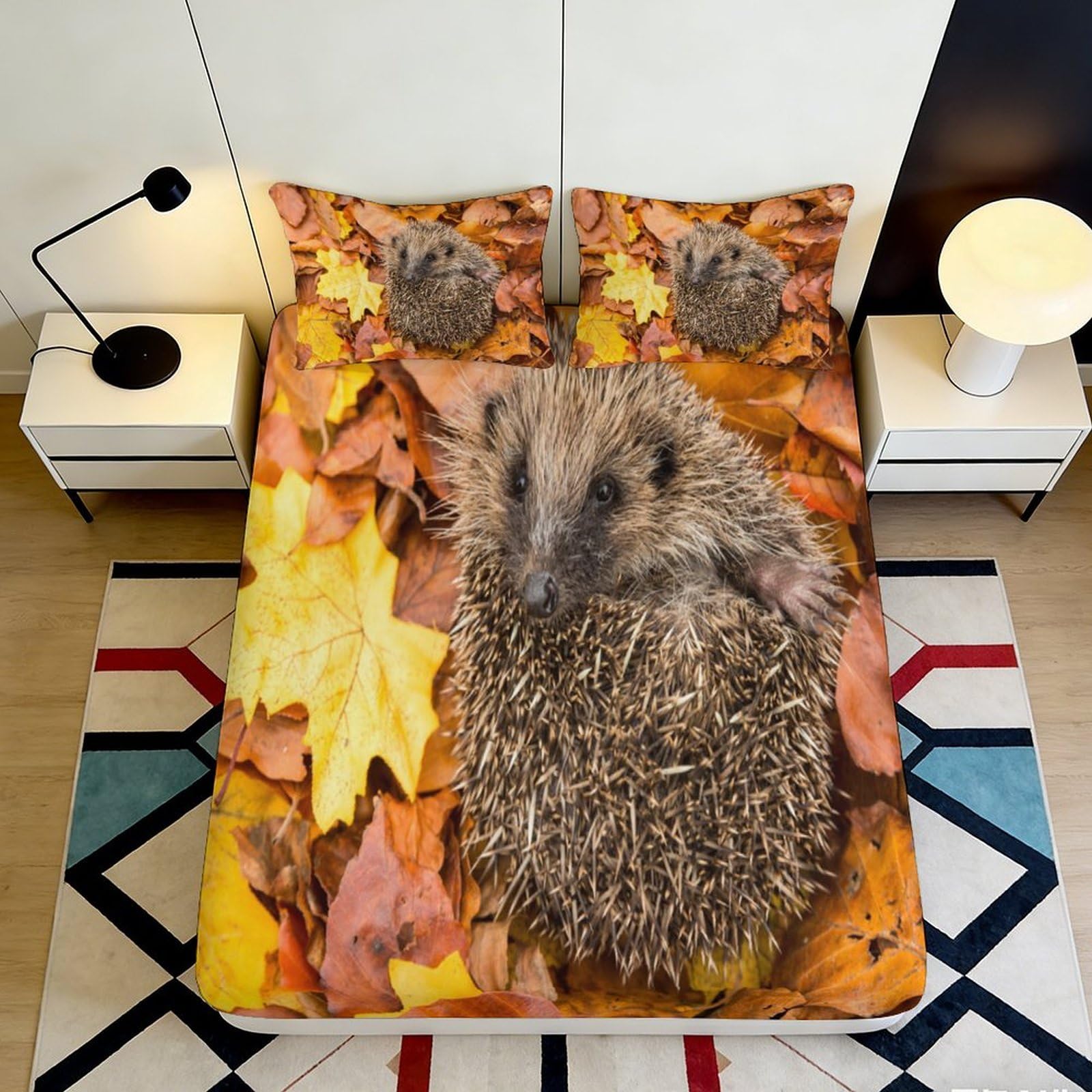3D Printed Autumn Hedgehog Fitted Sheet Microfiber Soft Breathable Leaves Bed Cover for Bedroom Dorm Mattress Decor 90x200x25cm