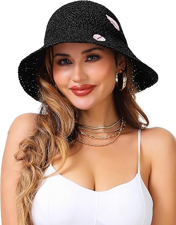LA CARRIE Womens Sun Hat Floppy Packable Wide Brim UV Protection UPF 50+ Straw Hat with Embroidery for Summer Beach