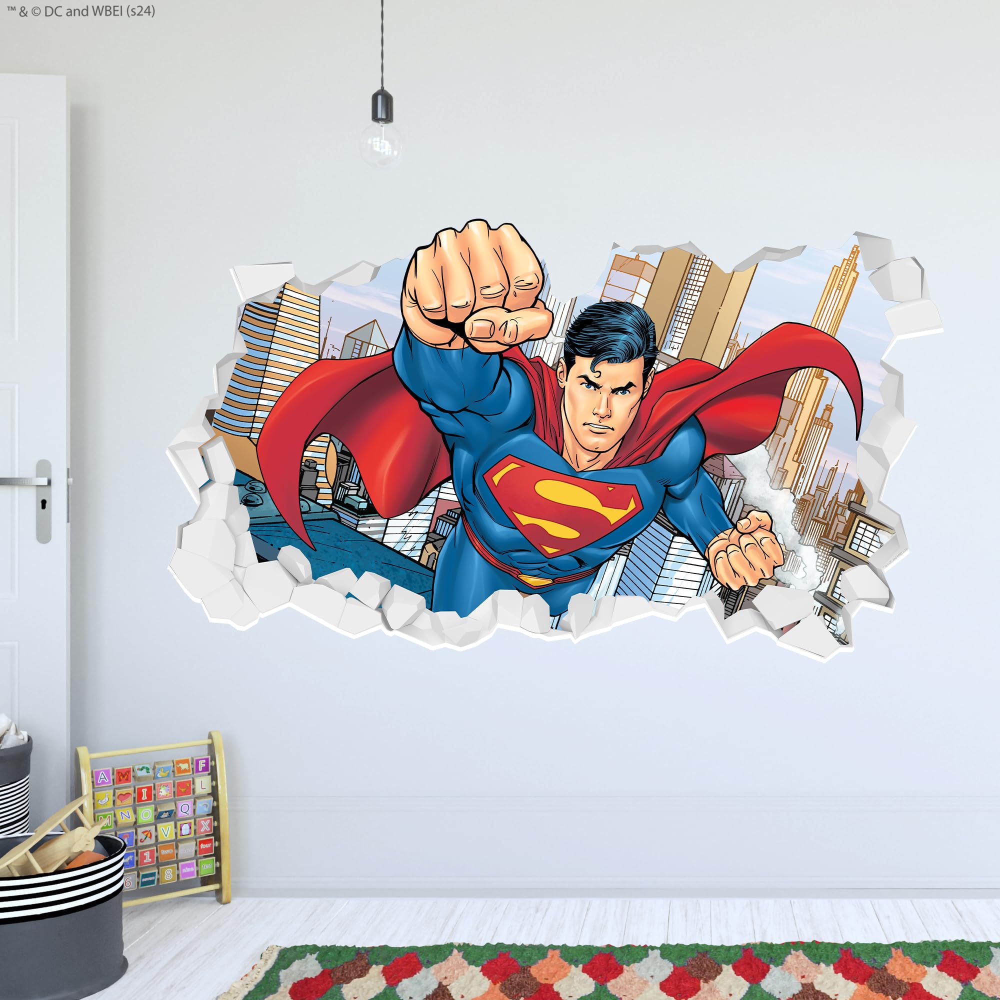 Themed Black Superman Wall Sticker - Flying Through Broken Wall Decal Dc Superhero Art (180Cm Width X 100Cm Height)