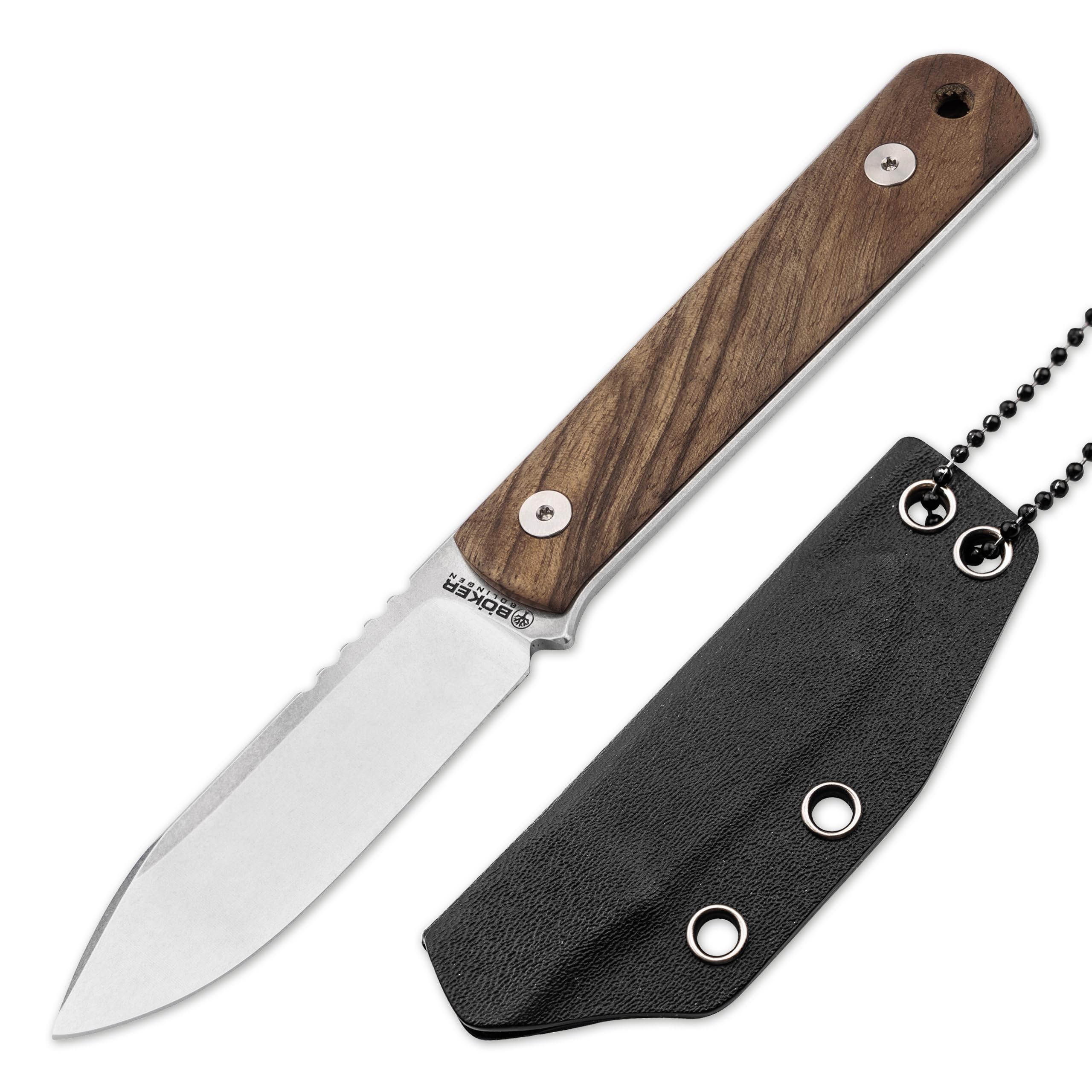 Böker SOLINGEN® BFF Packlite Walnuss – EDC Neck Knife mit feststehender 6,5 cm Klinge – Skelett-Messer extra leicht mit Holz-Griff - Halsmesser handgemacht mit Kydex-Scheide – Made in Germany