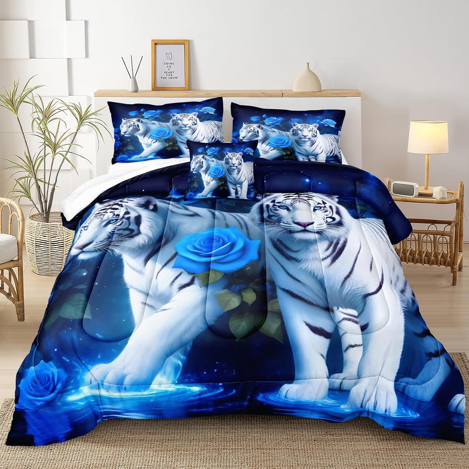 Herside Blue Rose Tiger Printed Comforter Set Queen Size,4 PCS Romantic Wild Animal Comforter Bedding Set for Teens and Adults,Room Decor Bedding Set Soft Fluffy Cozy Quilt Set for All Season