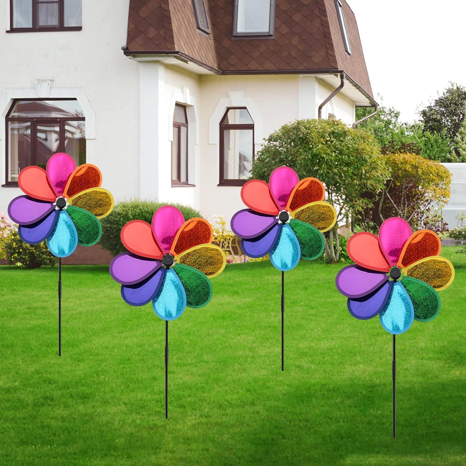 ZMDMAH zestaw 4 dzwonków wiatrowych, wiatrak, do ogrodu, 30 cm, Ø 71 cm, kolorowy wiatrak, spinner do ogrodu, na balkon i do obrony przed ptakami, dekoracja ogrodowa (tęcza, PCW)