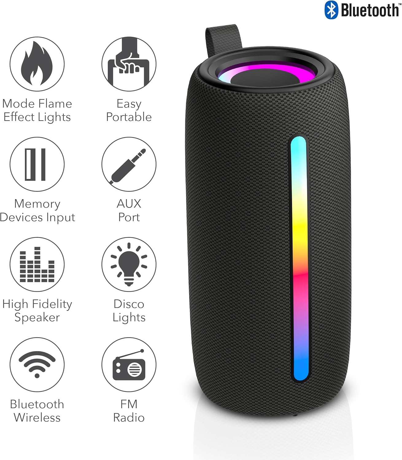 RCA Bluetooth Speaker, Portable Speaker with Deep Bass, Wireless Bluetooth Speakers with LED Lights, 24H Playtime, Splash Resistant Outdoor Speaker, TWS Pairing Stereo Sound