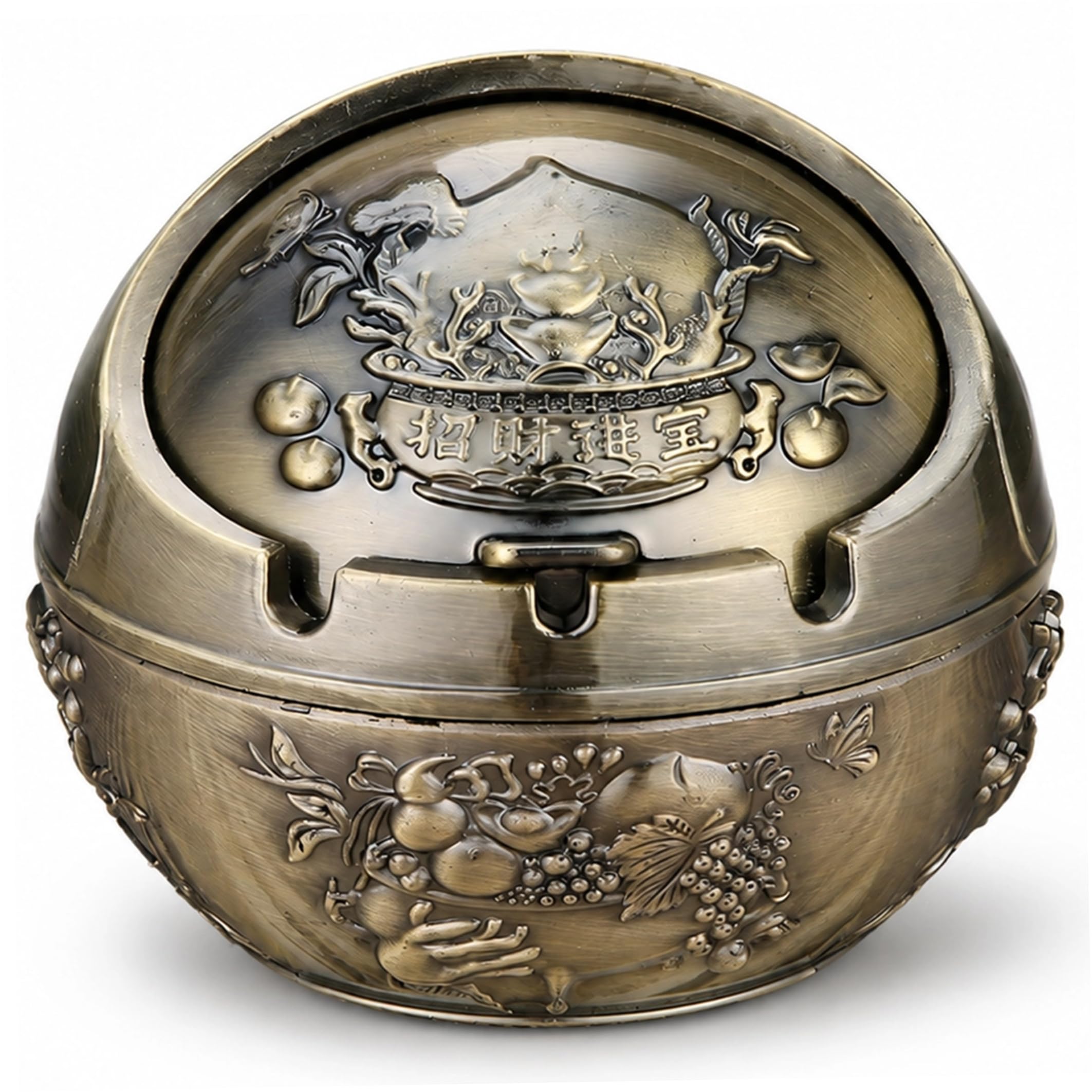 AwnsIMfreien Ashtray Funny, Small Odorproof Ashtray with Lid Bronze Alloy Spherical Decor with Embossing for Living Room Office Outdoor, Wealth, Odorproof