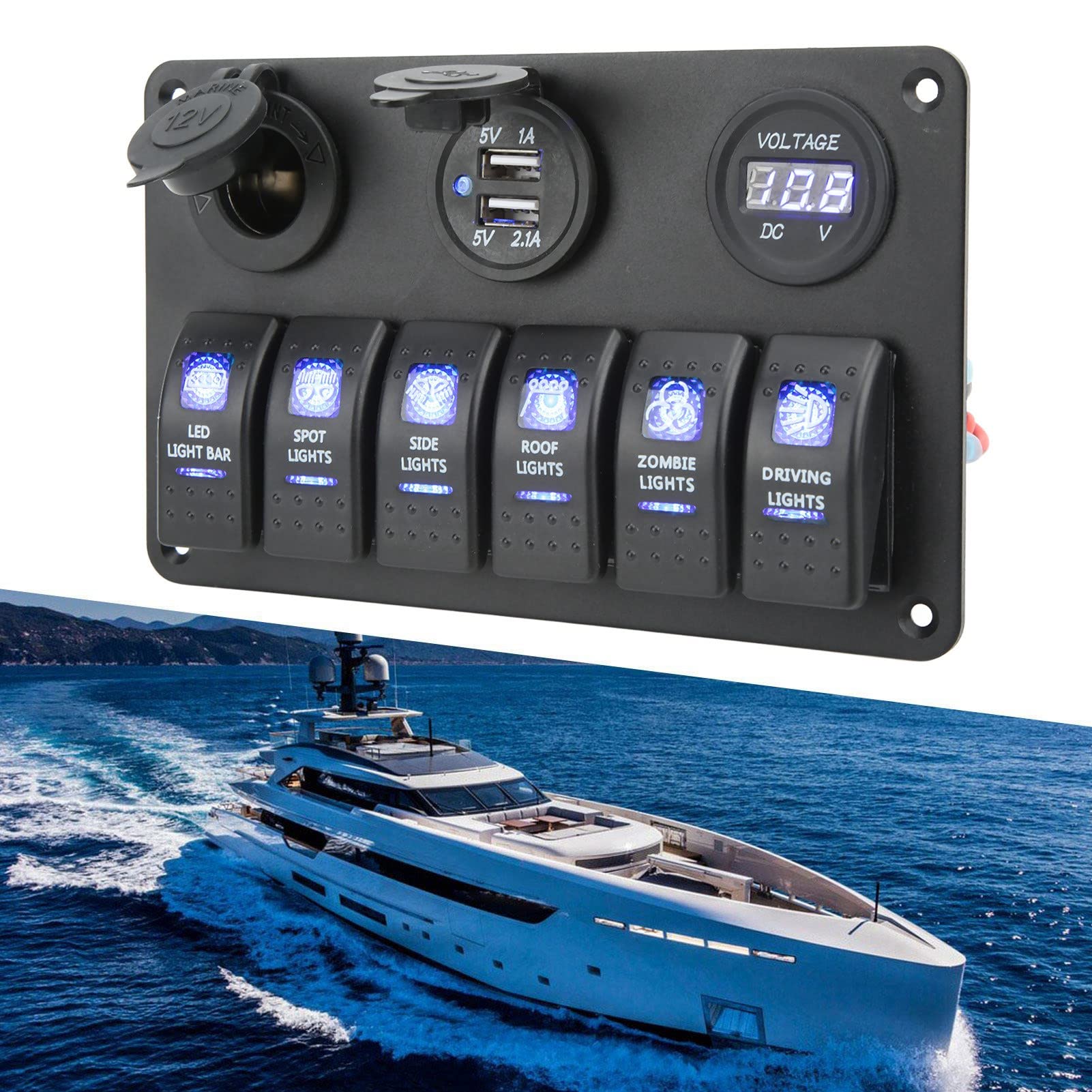 12V 24V 6-krotny Panel przełączników kołyskowych z woltomierzem podwójny Port USB niebieskie podświetlenie wodoodporne dla łodzi morskiej RV SUV Truck