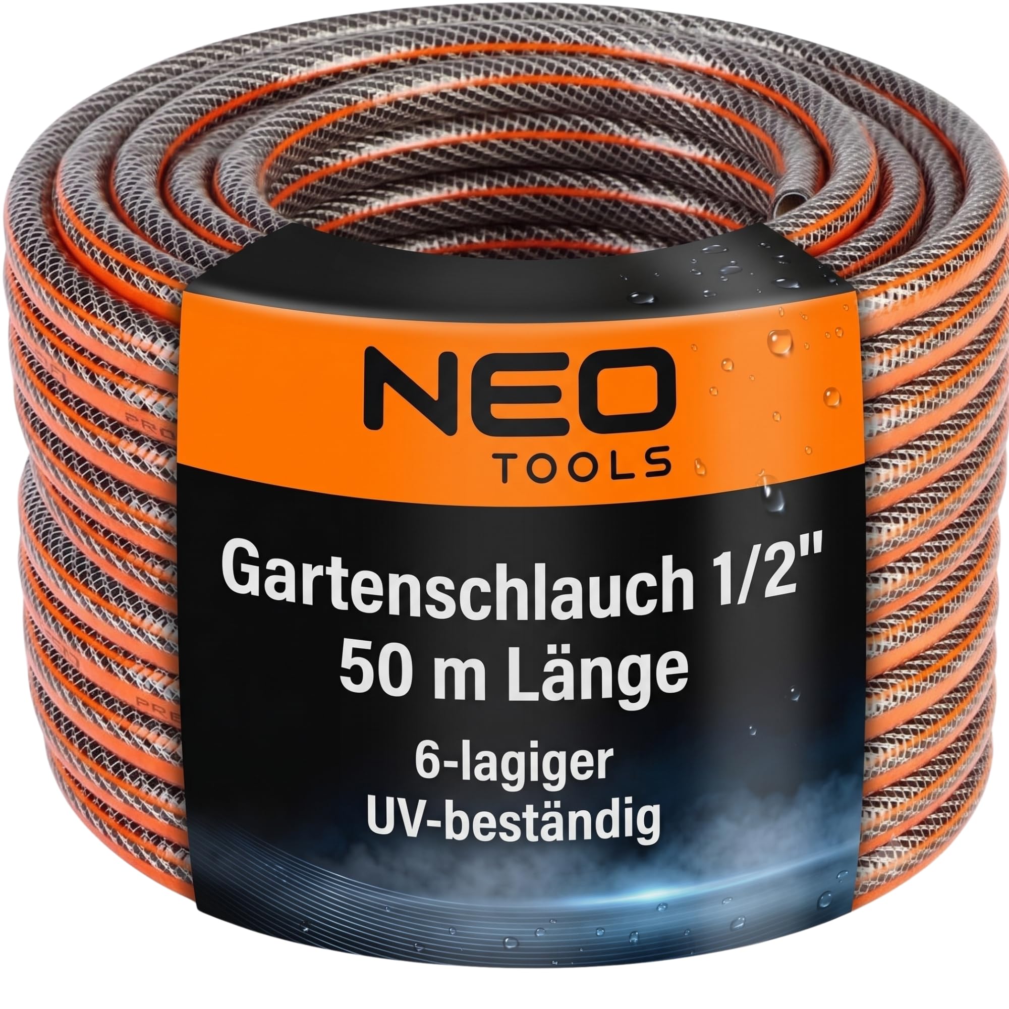 NEO TOOLS Pro Gartenschlauch 1/2 Zoll, 50 m Länge, 6-lagiger | UV-beständig, Flexibel Schlauch, Verdrehschutz - Wasserschlauch aus Erst-PVC mit Anti-Algen-Innenausstattung
