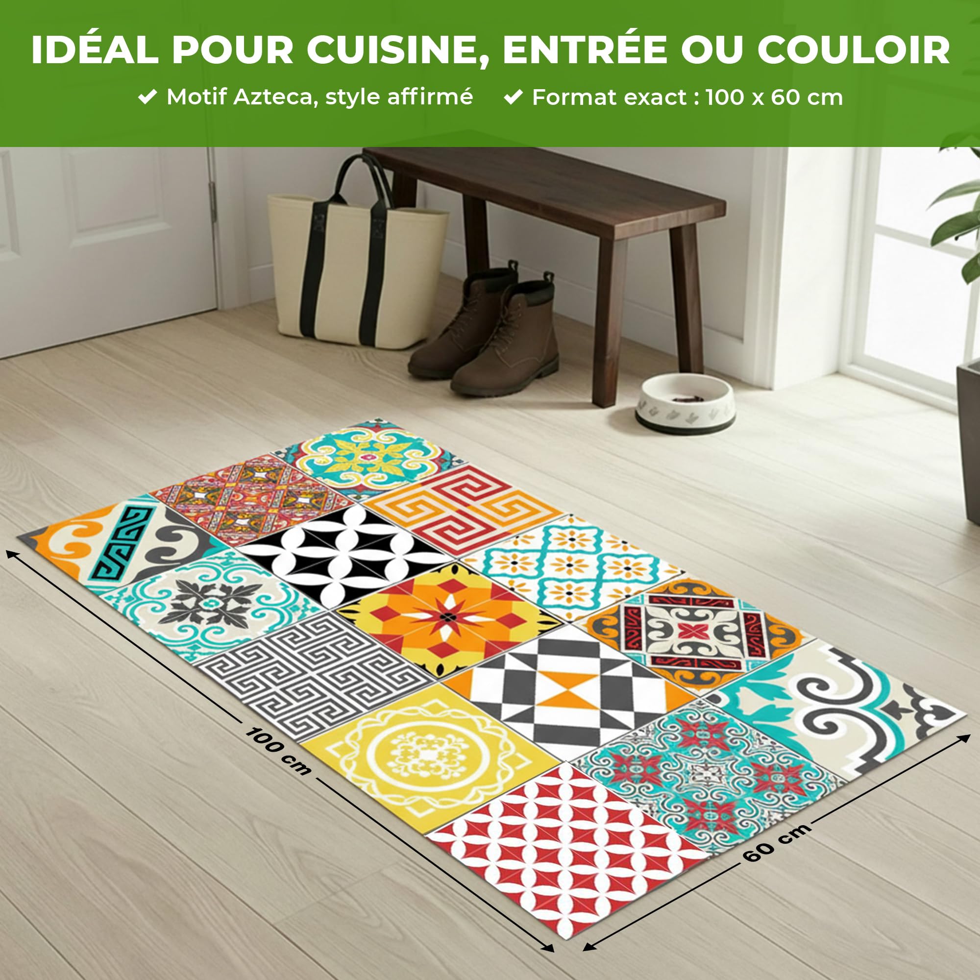 Tapis Vinyle pour le sol en PVC - Antidérapant - Protection pour le Sol - Inspiration Carreaux de Ciment - Lavable à la main - Epaisseur 2,2 mm - 60 cm x 100 cm - Tapis de sol Multicolore
