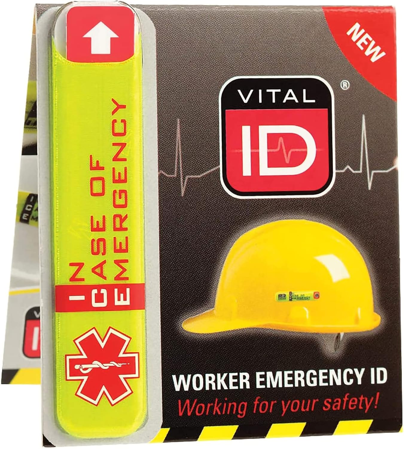 SmartSign (Pack of 5) 0.5 x 2.75 inch “in Case of Emergency” Worker ID Hard Hat Reflective Sticker, 30 mil Non-Conductive Vinyl with Acrylic Adhesive, Fluorescent Lime-Yellow & Red, Made in USA