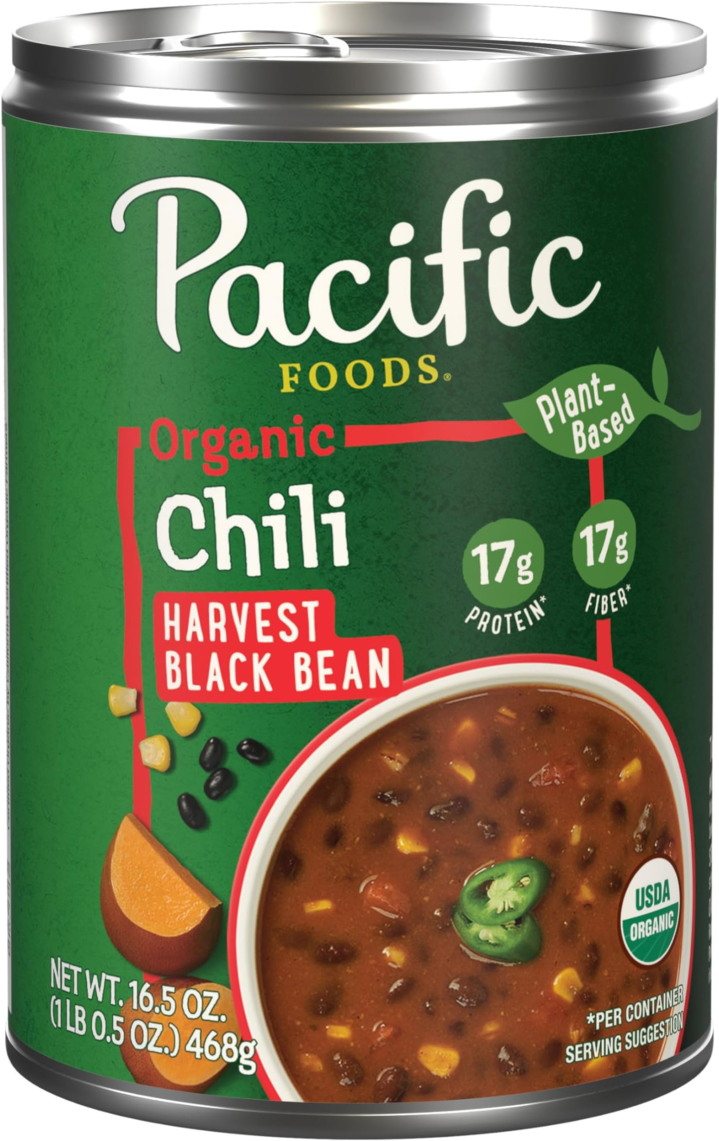 Pacific Foods Organic Harvest Black Bean Chili, Plant Based, 16.5 oz Can