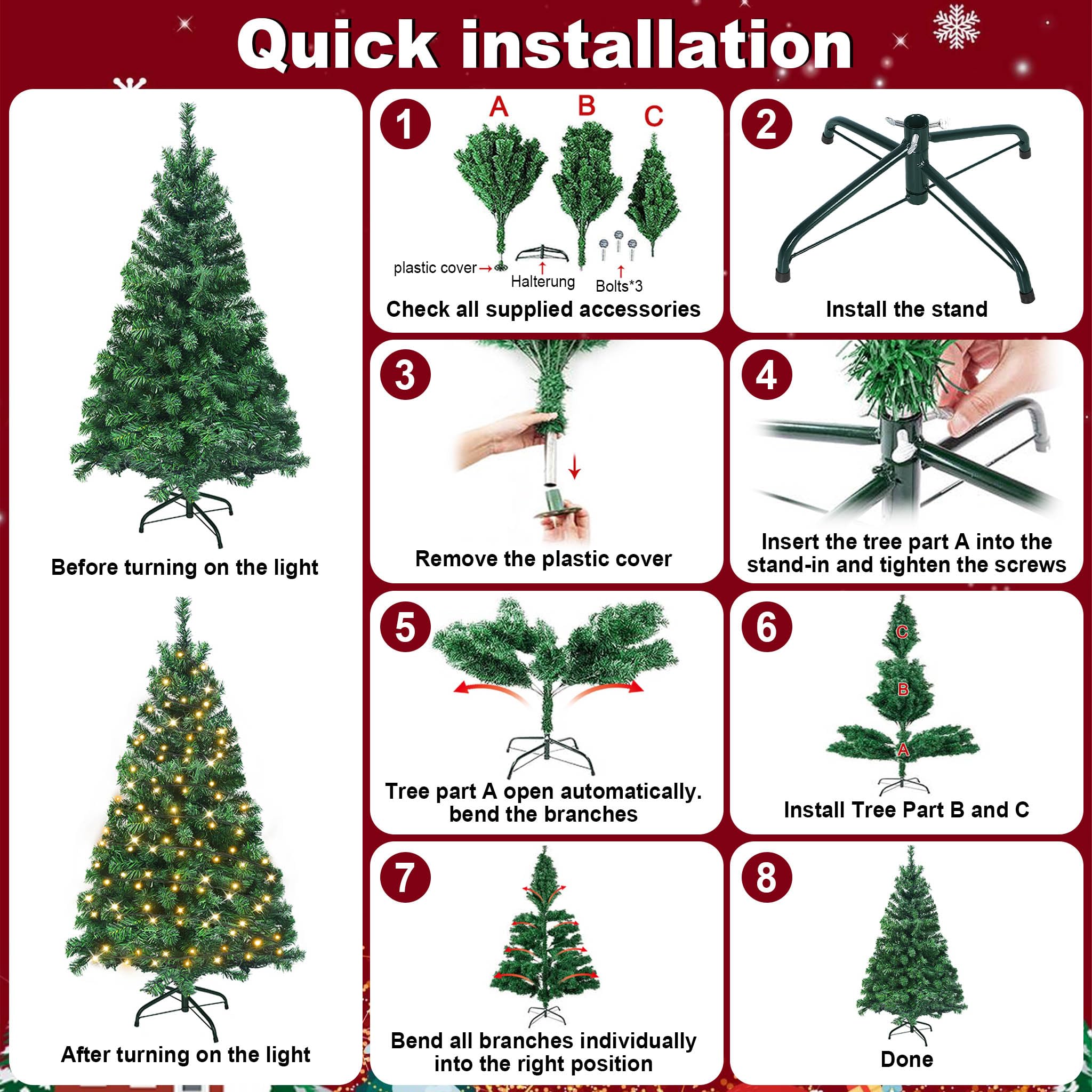 UISEBRT 210cm Sapin de Noël Artificiel Lumineux - Arbre de Noël avec LED, Support en Métal, Sapin Artificiel en PVC pour Décoration de Noël, Vert