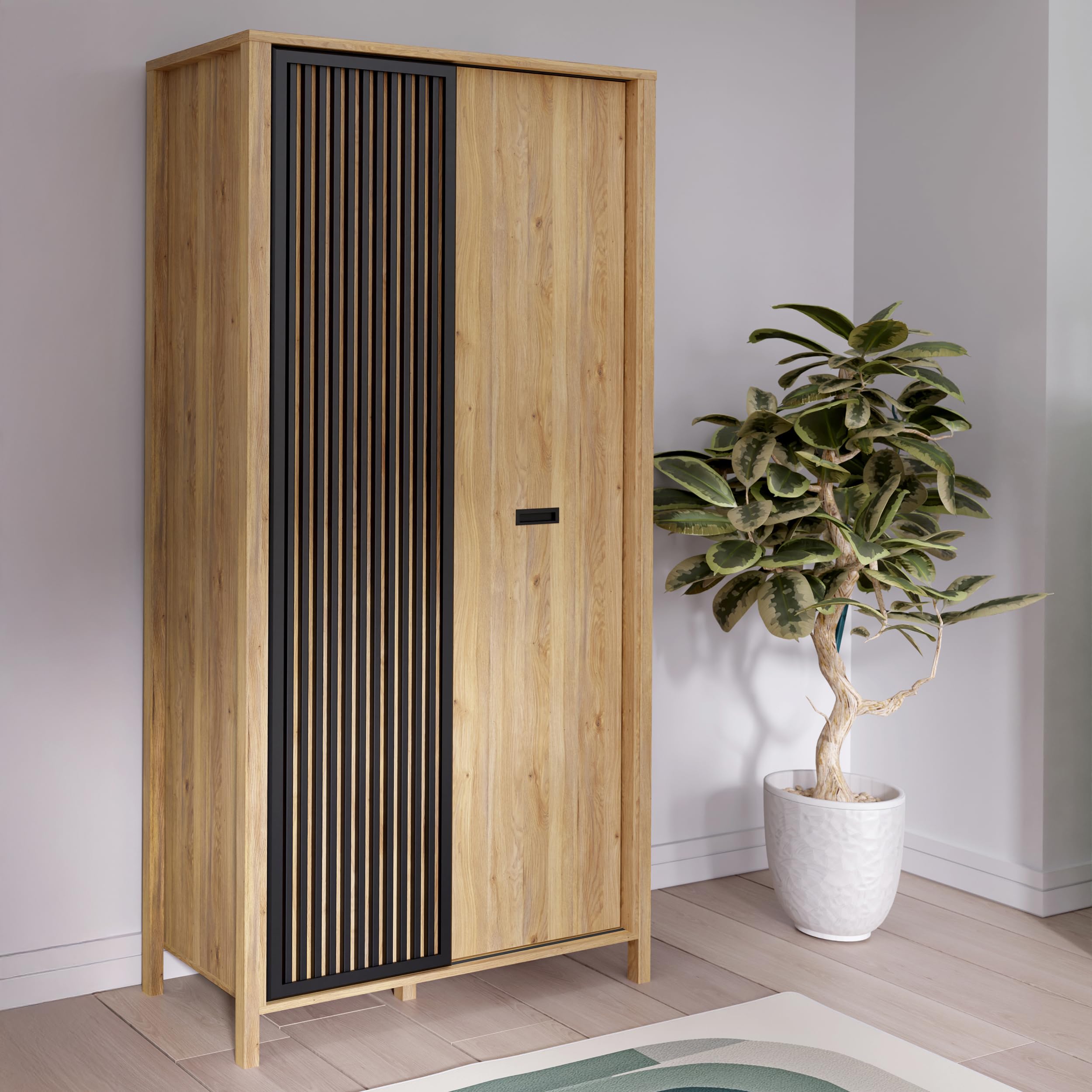 Forte JYTANA Kleiderschrank 97, moderner Schrank mit Lamellendetail, 2-türig, Holzwerkstoff, Mauvella Eiche Dekor, 97 cm breit, 200,3 cm hoch, 52,7 cm tief