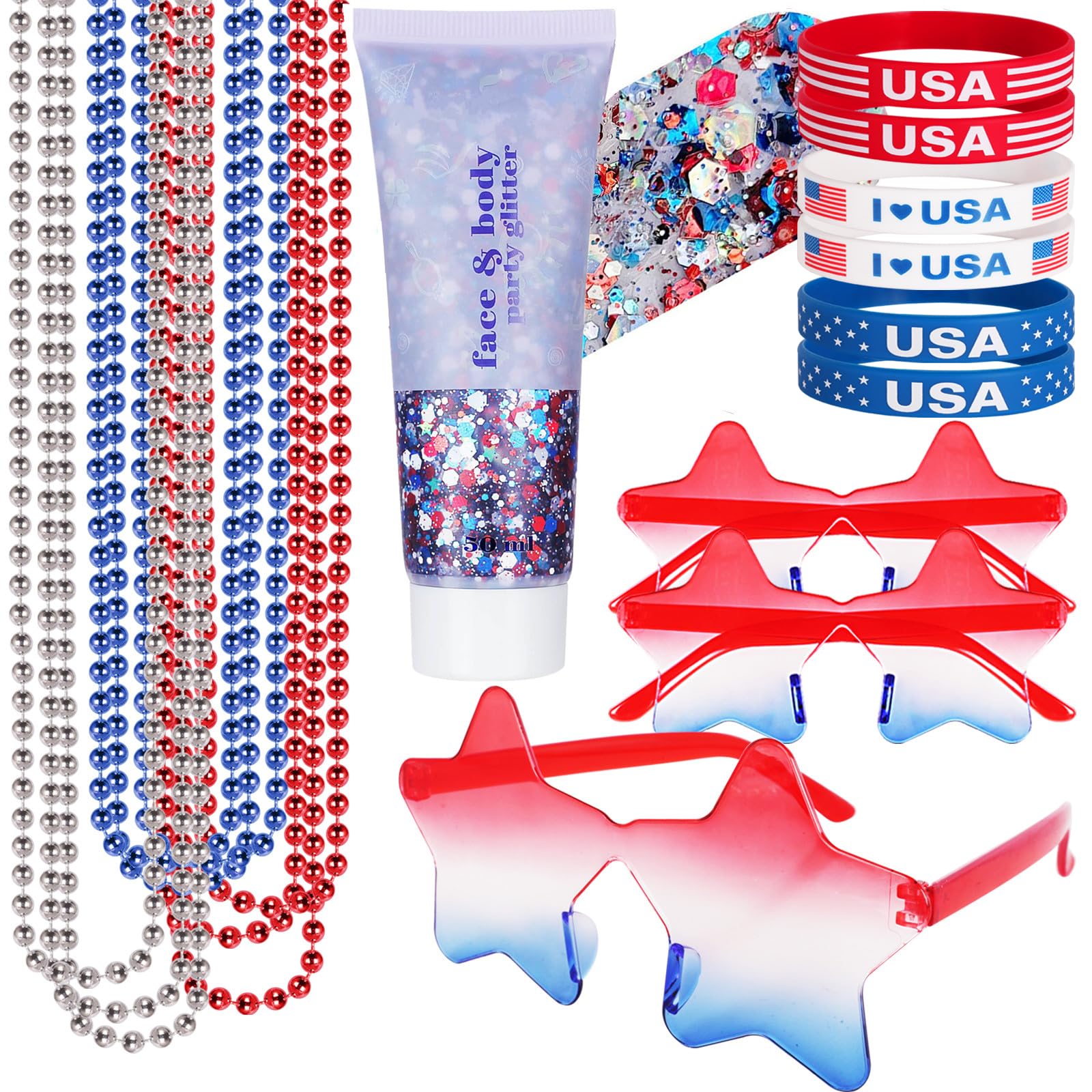 Go Ho 4th of July Outfits for Women,Red White and Blue Face Body Glitter Gel,9 PC Necklaces,3 Pairs Star Sunglasses and 6 PC Rubber Bracelets