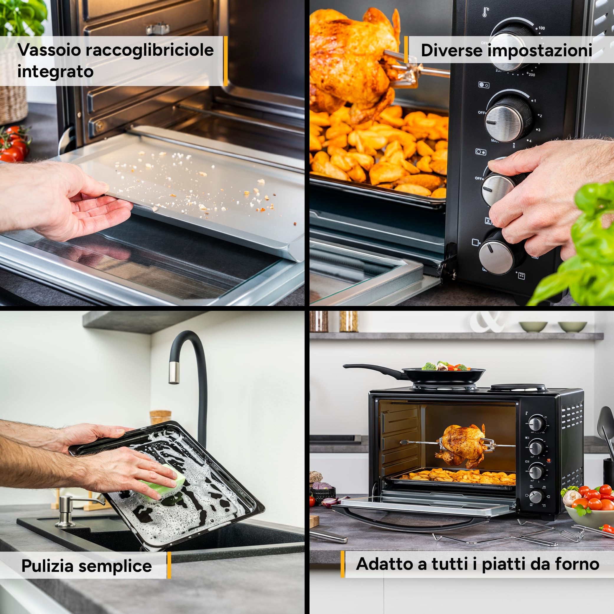Forno con fornelli 60L 3200W - Fornetto pizza 230°C 6 modalità riscaldamento - Multiforno 4 altezze inserimento