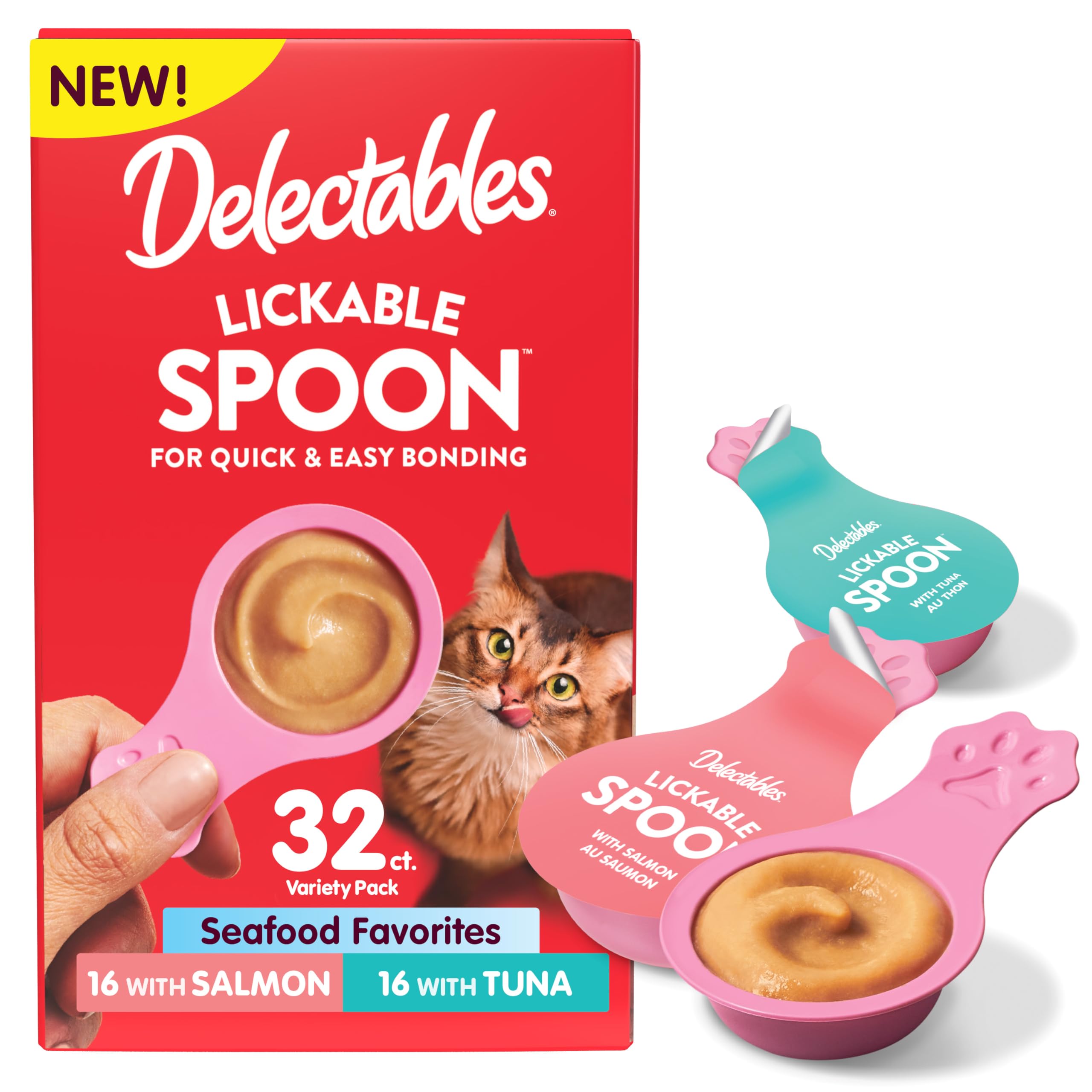 Delectables Lickable Spoon Handheld Wet Cat Treats Made with Real Salmon &amp; Tuna, Creamy Puree, Mess Free, Quick &amp; Easy, Grain-Free, No Added Fillers, No Added Preservatives, Variety Pack, 32ct