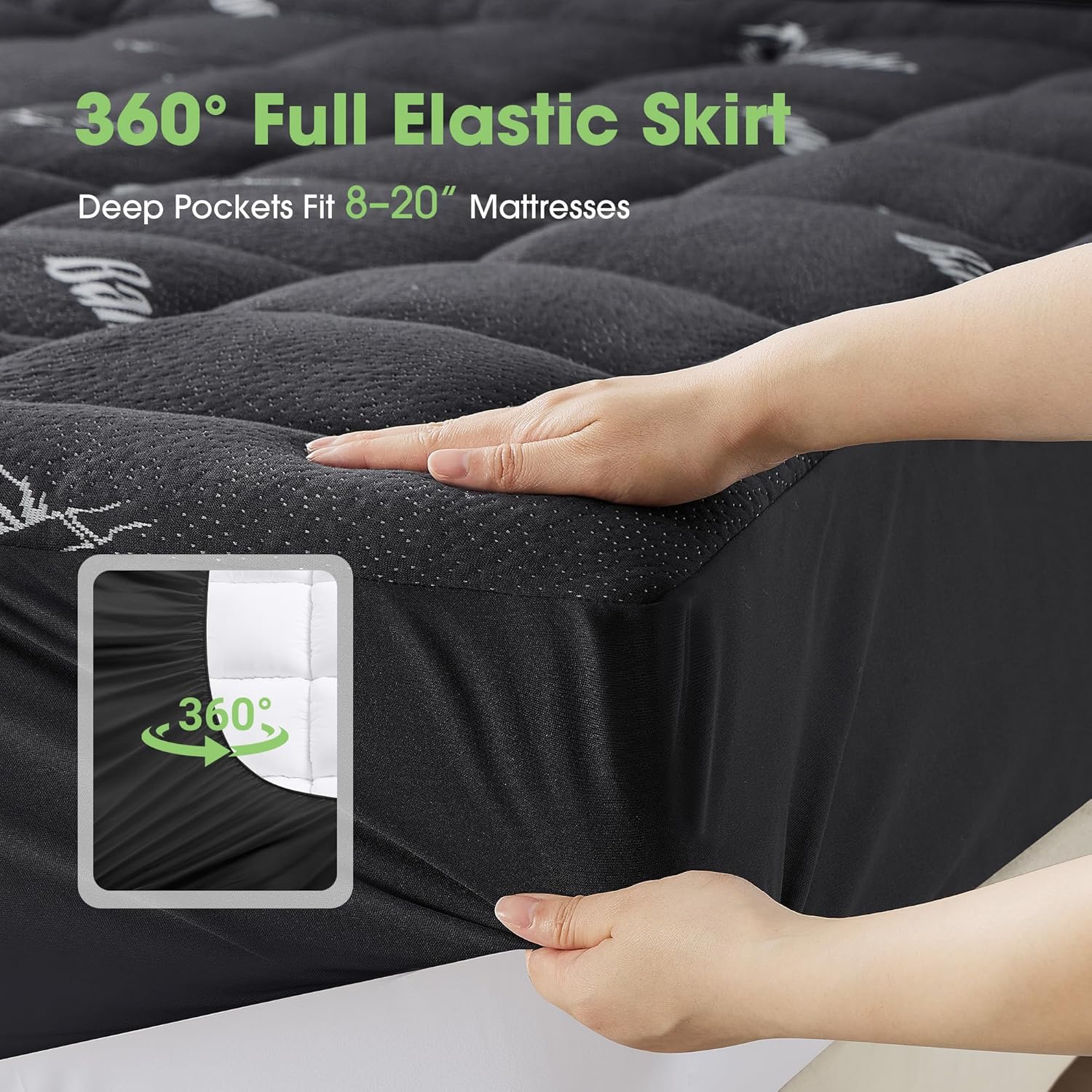 Mattress Pad Full Size, Cooling Pillow Top Mattress Topper, Ultra Soft Viscose from Bamboo, Breathable for Hot Sleepers, Deep Pocket 8"-20", Black