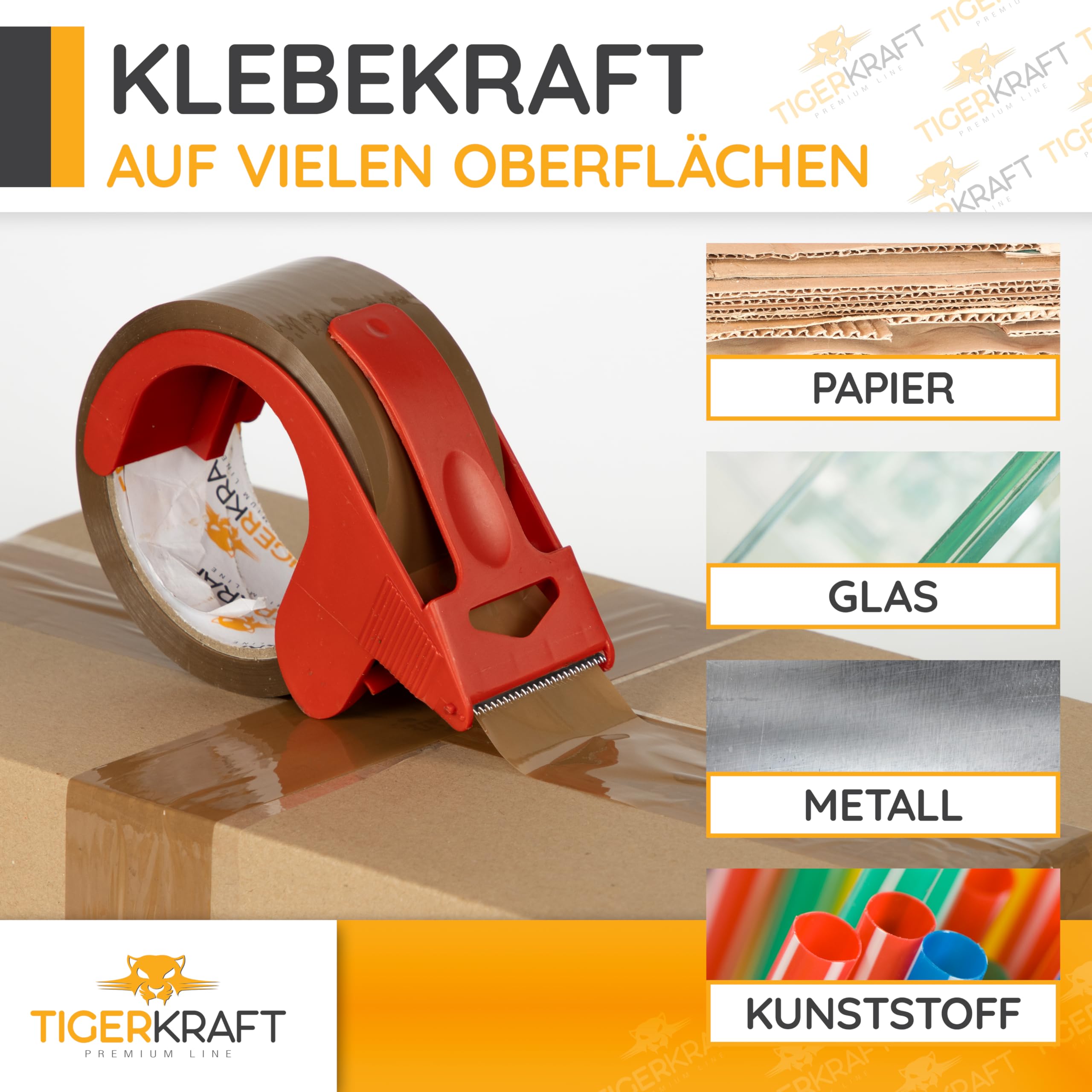 TIGERKRAFT – Nastro adesivo a basso rumore con avvolgitore – Nastro adesivo resistente ai raggi UV – Nastro adesivo ogni 48 mm x 66 m / 48 micron – Nastro per imballaggio per spedizione, magazzino,