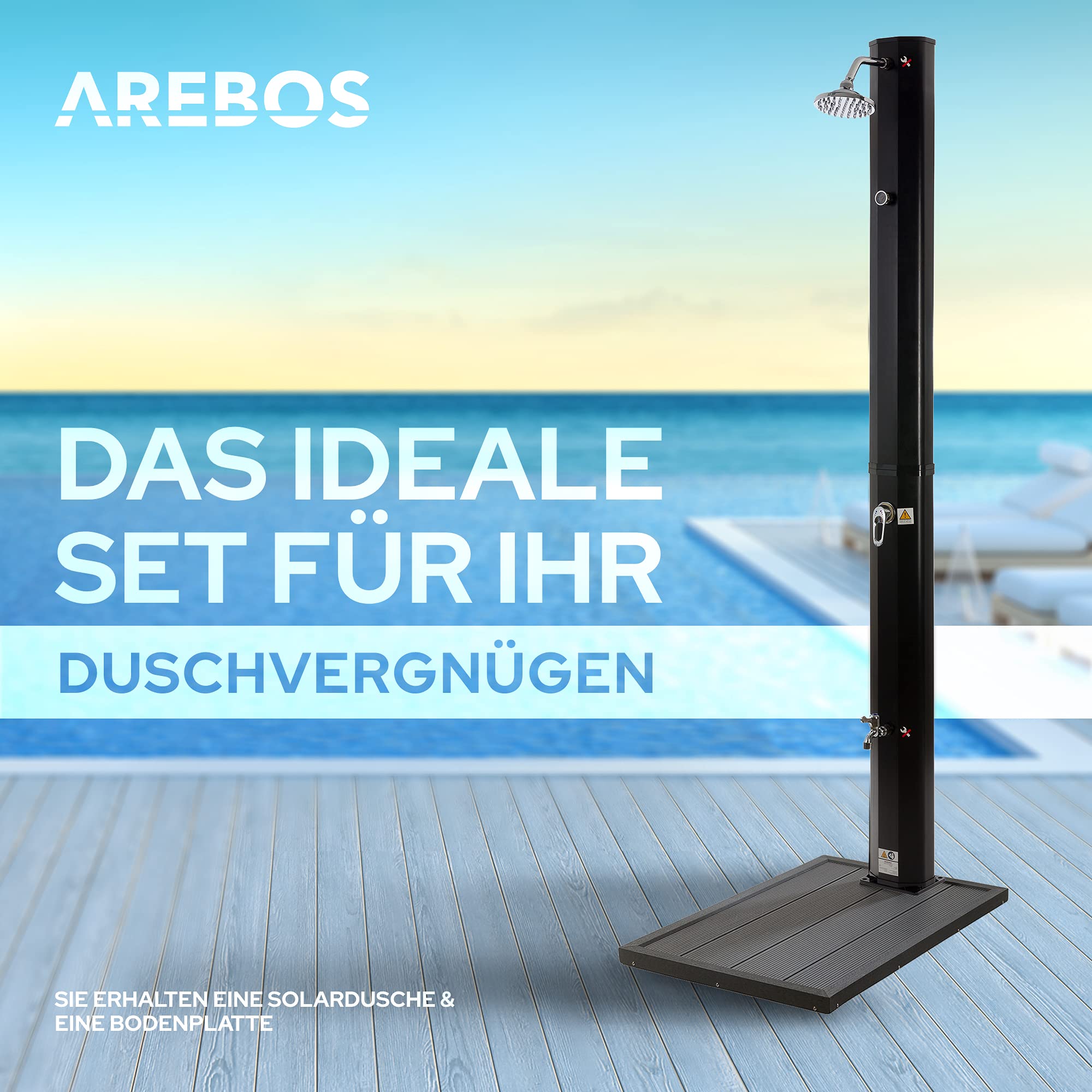 Arebos Solardusche 35L & Bodenelement Anthrazit | inklusive Abdeckhaube | mit integriertem Thermometer & Fußdusche | mit Gartenschlauch-Anschluss | Wassertemperatur bis 60°C | Schwarz
