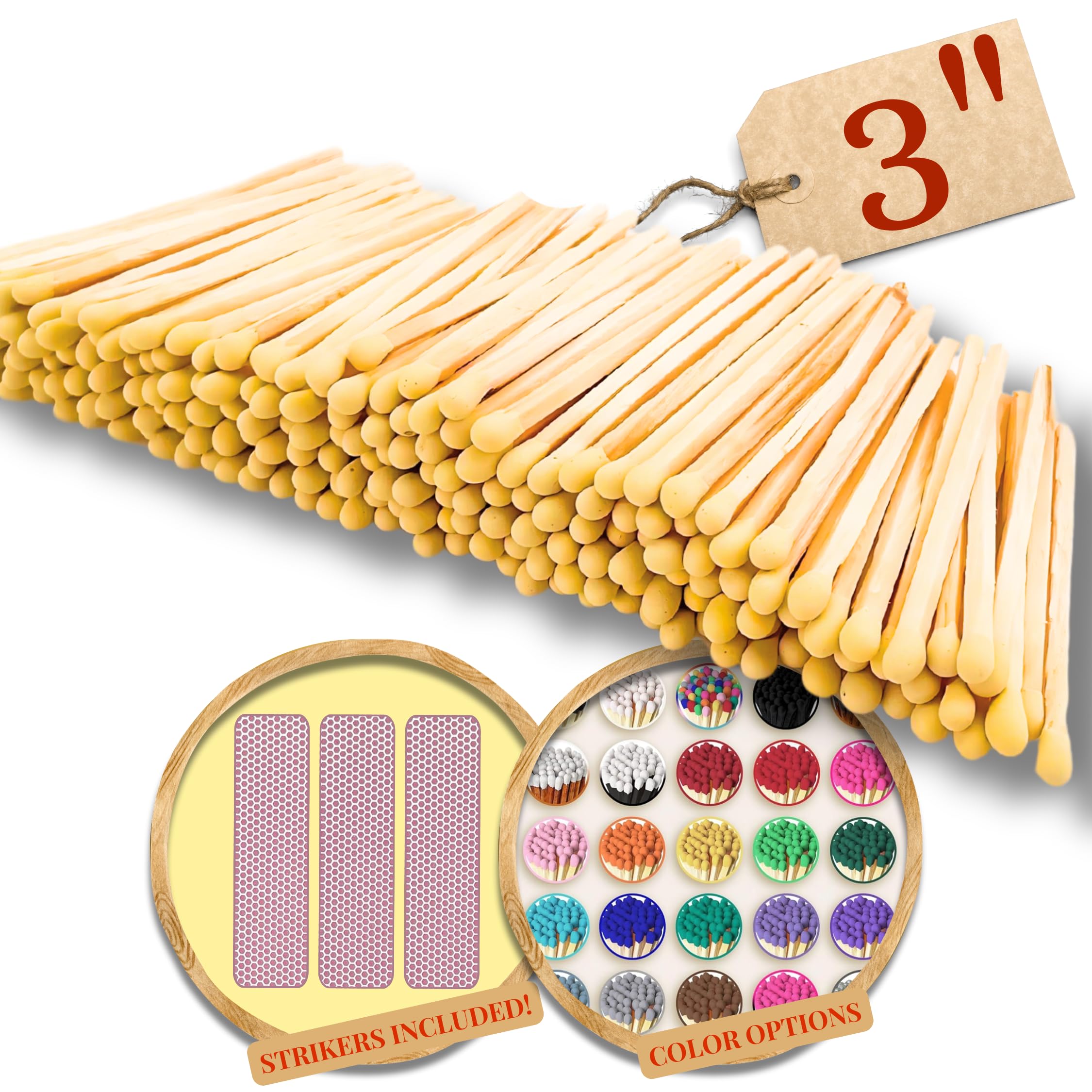 200 Count - 3" Long Yellow Color Matches | Three Inch Coloful Loose Wooden Safety Match Sticks for Candle Display | Refill Decorative Jar Holder Bottle | Striker Included