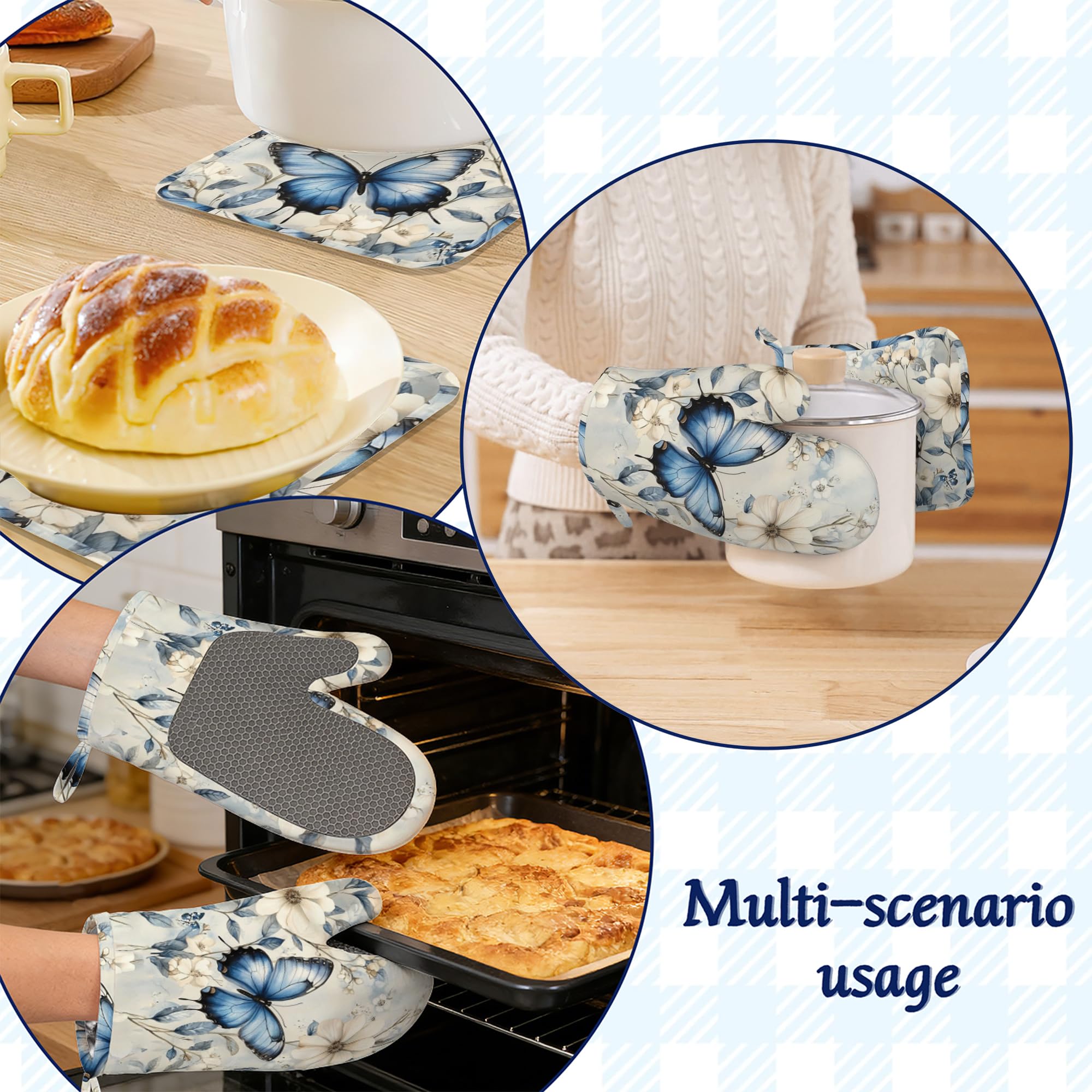 Ofenhandschuhe und Topflappen-Set, blau, Schmetterling, Silikon, Küchenhandschuhe, Topflappen, Frühlingsblumen, hitzebeständig, 4 Ofenhandschuhe, heiße Pads zum Backen, Kochen, Grillen, Heimdekoration