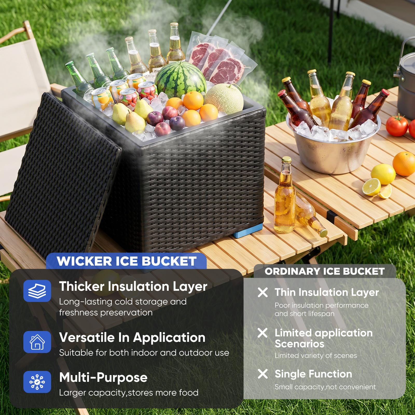 Huracan Cool Bar - Tavolo da giardino con refrigeratore, refrigeratore per bevande, tavolo da cocktail e tavolino d'appoggio, resistente alle intemperie, per esterni, con funzione refrigerante