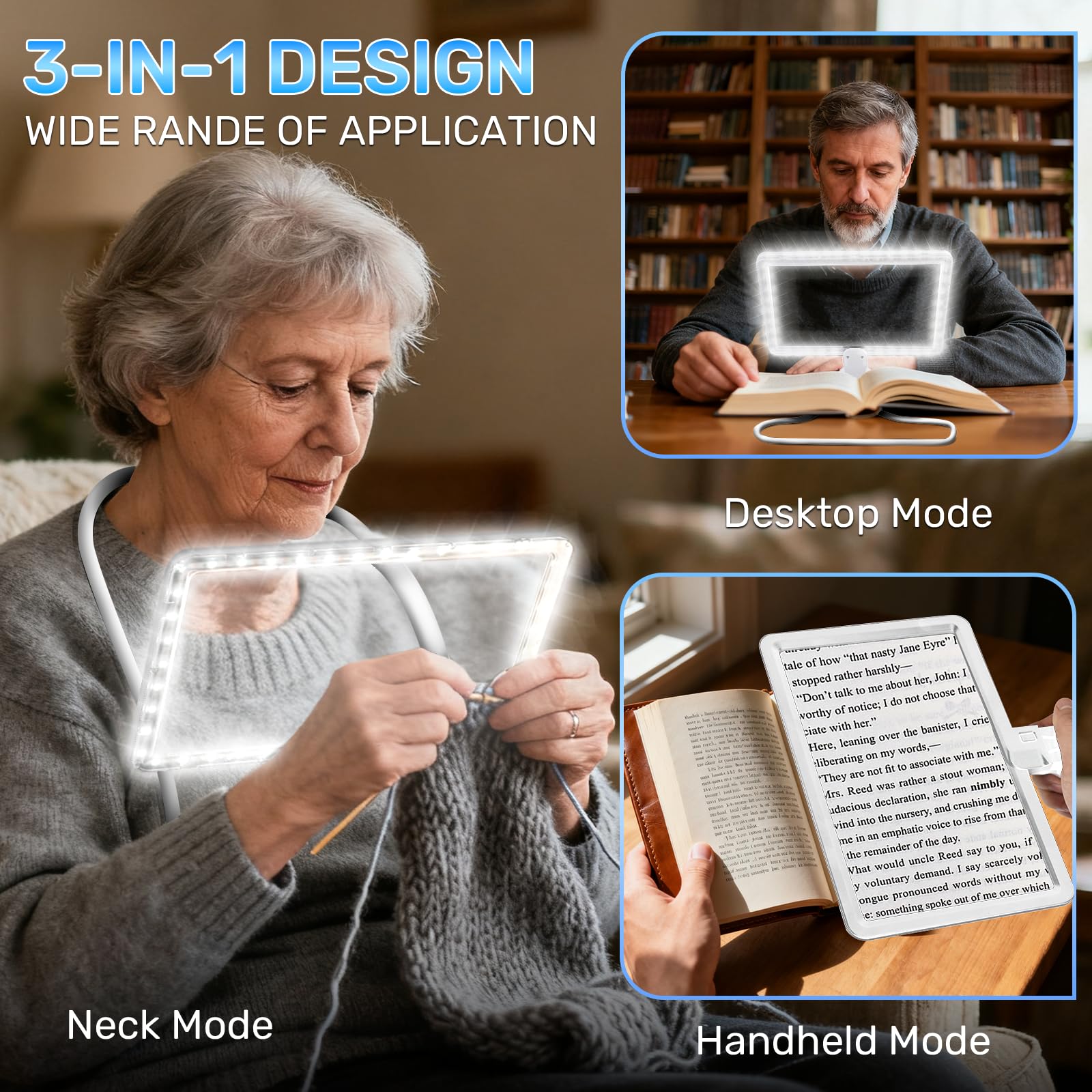 Lupa de cuello 5X con luz, lupa con luz manos libres, lupa de página de libro completo con 3 modos de luz, cuello de cisne flexible para personas mayores que leen baja visión (blanco)