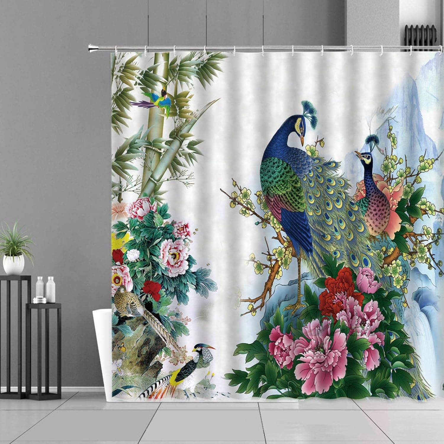 Peacocks Shower Curtains Peony Abstract Landscape Painting Watercolor Bird Pattern Print Bathroom Decor Curtain 130x200cm(51" Wx79 H)
