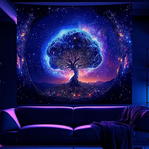 Miniatura 3 de Atrippy Tapiz de luz negra, árbol de la vida, tapiz de pared con espacio reactivo a los rayos UV, tapiz de galaxia, tapiz de noche estrellada,