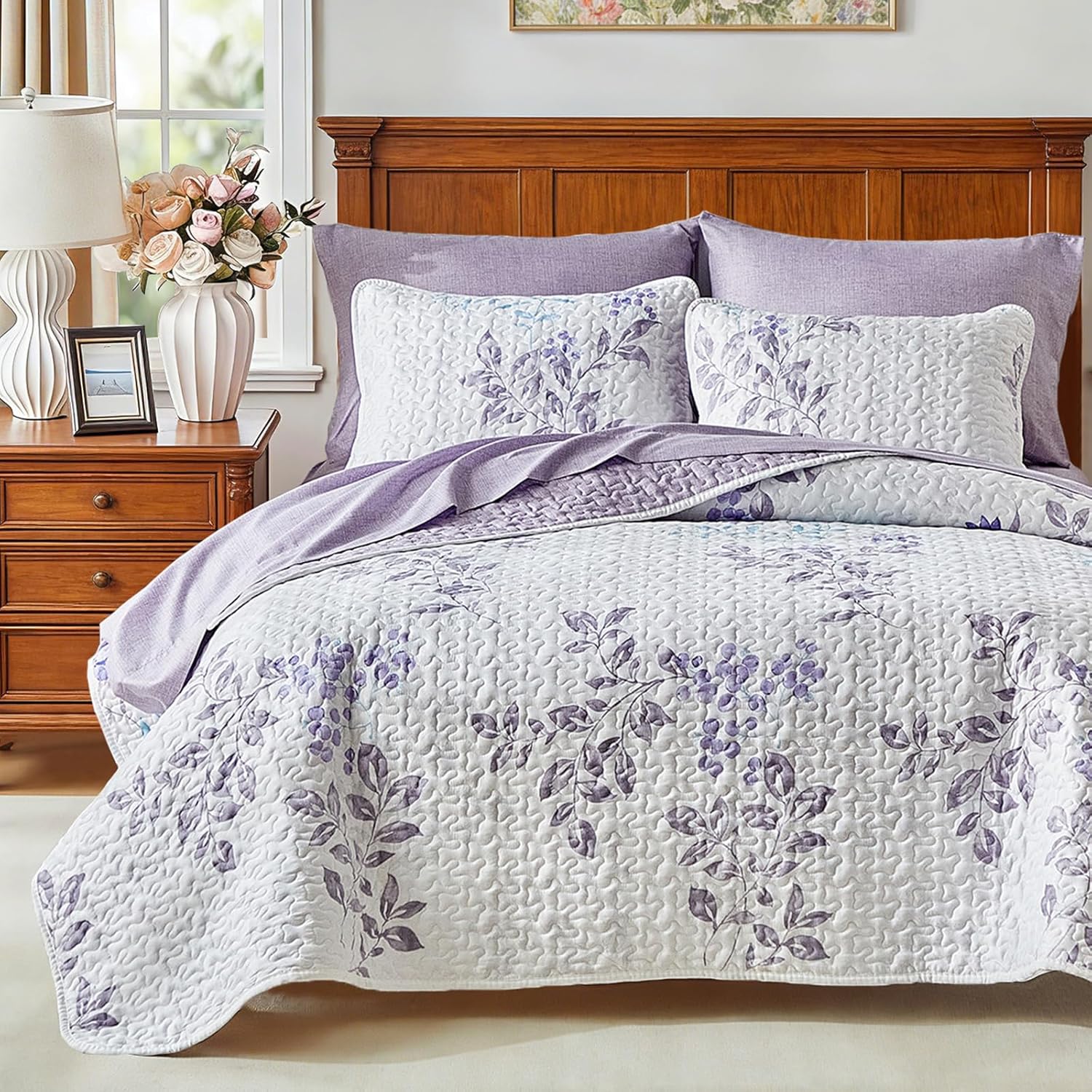 Floral Quilt Set 3 Piece Flower Quilt Sets Queen Size - Reversible Microfiber Quilt with 2 Shams Soft Breathable Botanical Bedding Spring Bedspread Coverlet Summer Comforter All Season Purple Leaves