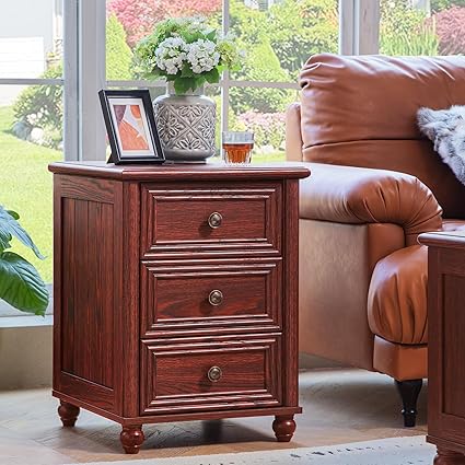 18" Farmhouse Night Stand, Red Oak Wood Nightstand with 3 Drawers, Bedside End Table with Storage and Roman Column, Bed Side Tables Cabinet for Bedroom, Living Room, and Closet