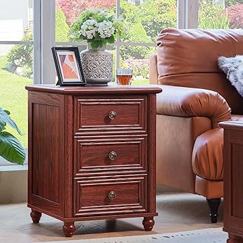 18" Farmhouse Night Stand, Red Oak Wood Nightstand with 3 Drawers, Bedside End Table with Storage and Roman Column, Bed Side Tables Cabinet for Bedroom, Living Room, and Closet