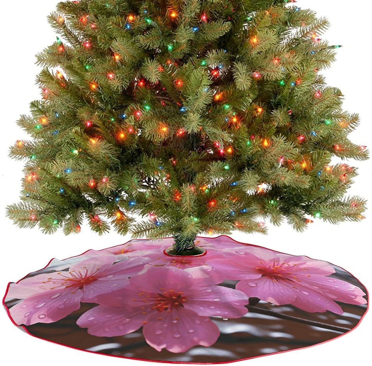 Christmas Tree Skirt,for Xmas Tree Holiday Party Decorations Flower Printed Christmas Tree Mat Red Lace-up Christmas Tree Dress