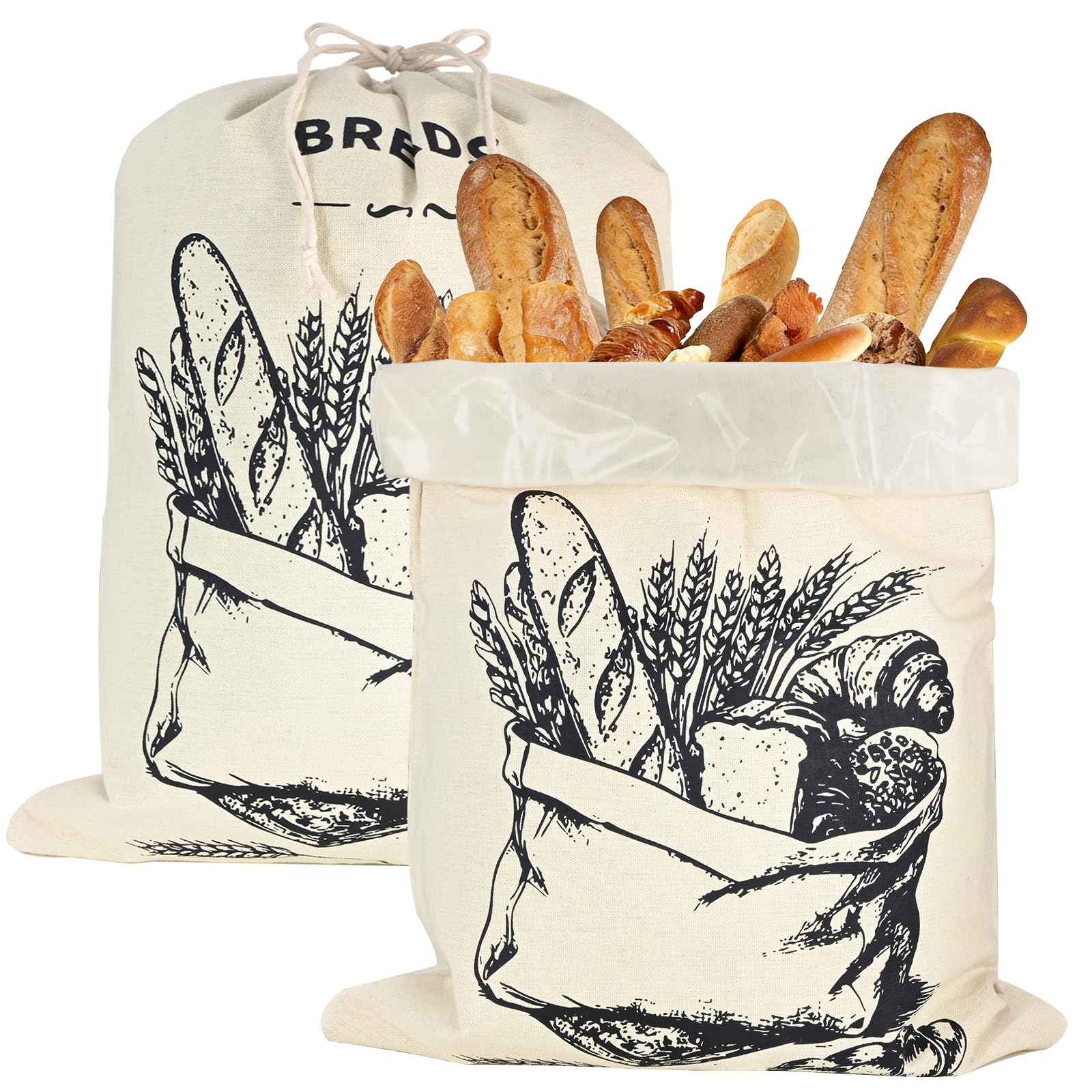 Lot de 2 Grands Sac a Pain Cire Abeille en Lin, 45x35 cm Sac à Pain Durable avec Doublure TPU pour Garder, Sacs a Pain Tissu avec Cordon de Serrage Stockage Alimentaire et Transport