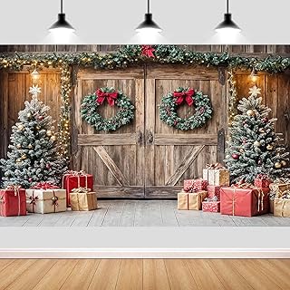 10X8ft Christmas Backdrop Barn Wood Door Xmas Tree Photography Background Winter Holiday Party Photo Booth Family Portrait Decoration Supplies Photo Studio Props Wall Decor Banner