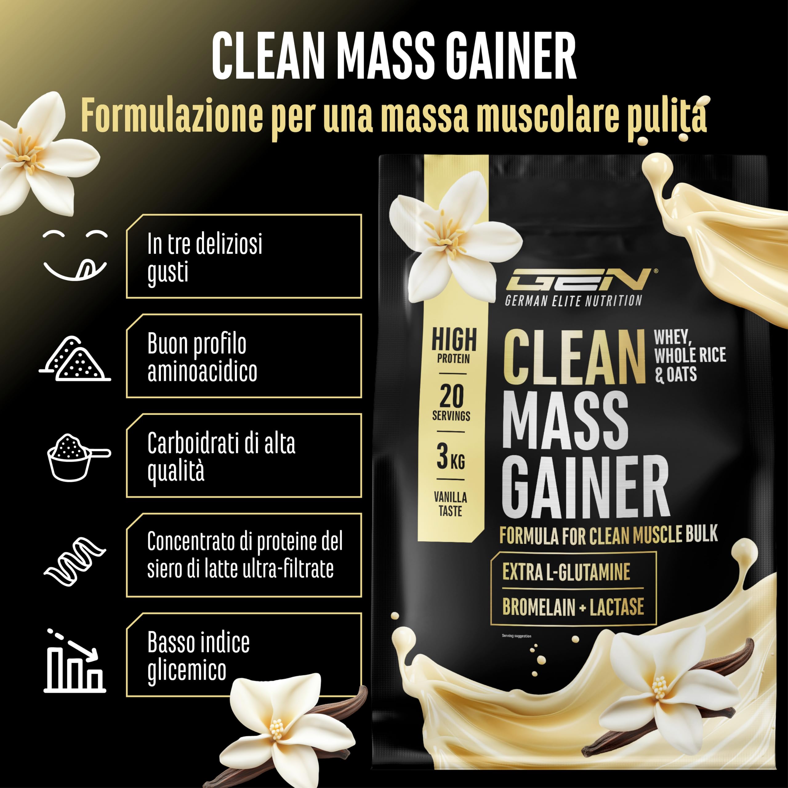 Clean Weight Gainer - 3 kg - Con Carboidrati Complessi e Proteine - Ideale per la Fase di Massa - Polvere per l’Aumento di Massa e di Peso - Vegetariano - Gusto Vanilla