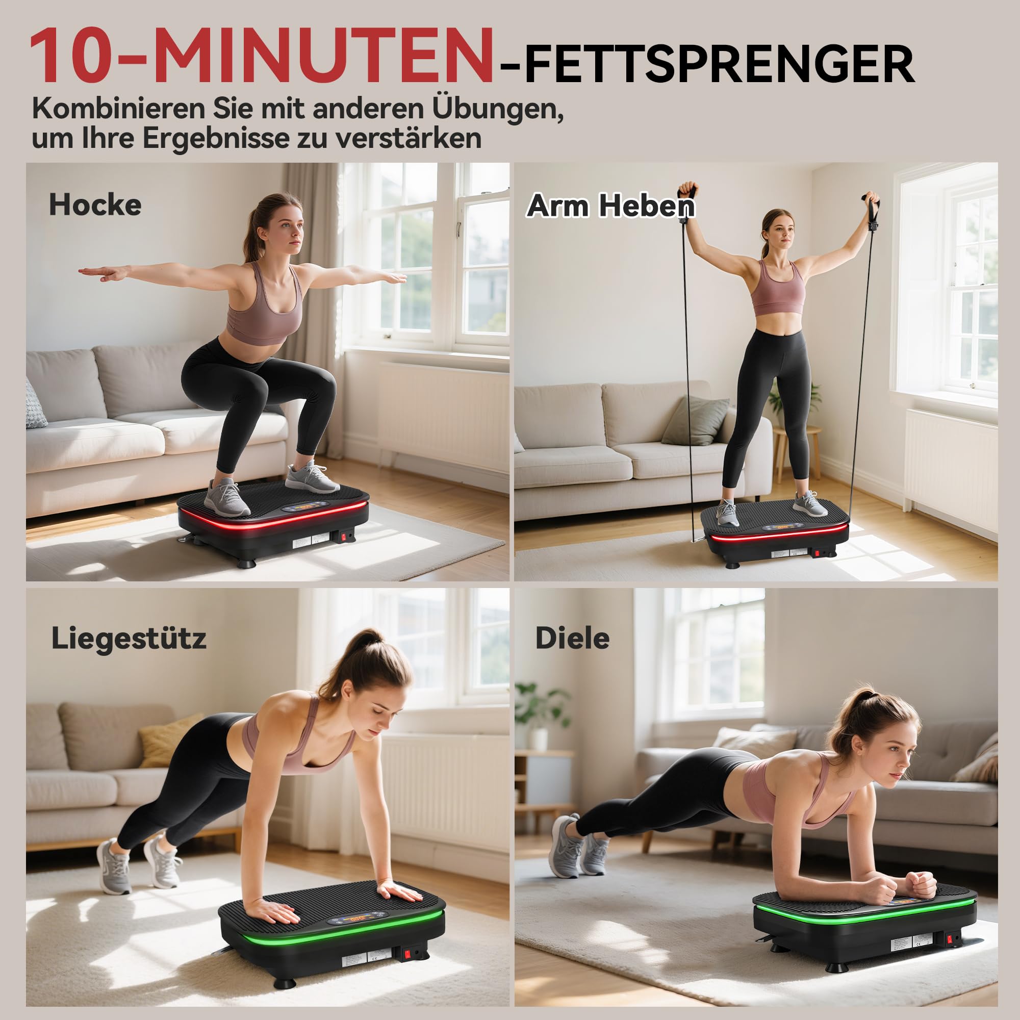 SPORTNOW Vibrationsplatte Rüttelplatte mit 99 Intensitätsstufen 3 Vorprogramm Lichtern Bluetooth Widerstandsbänder Kompakt Vibrationsgerät Vibrationstrainer für Muskelaufbau Ganzkörpertraining