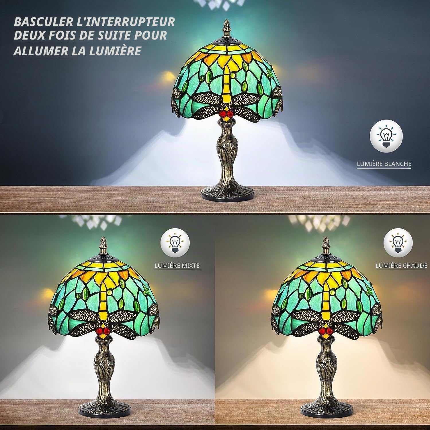 Stained Glass Lamp Vintage, Art Déco Convient(Eau Vert Libellule)